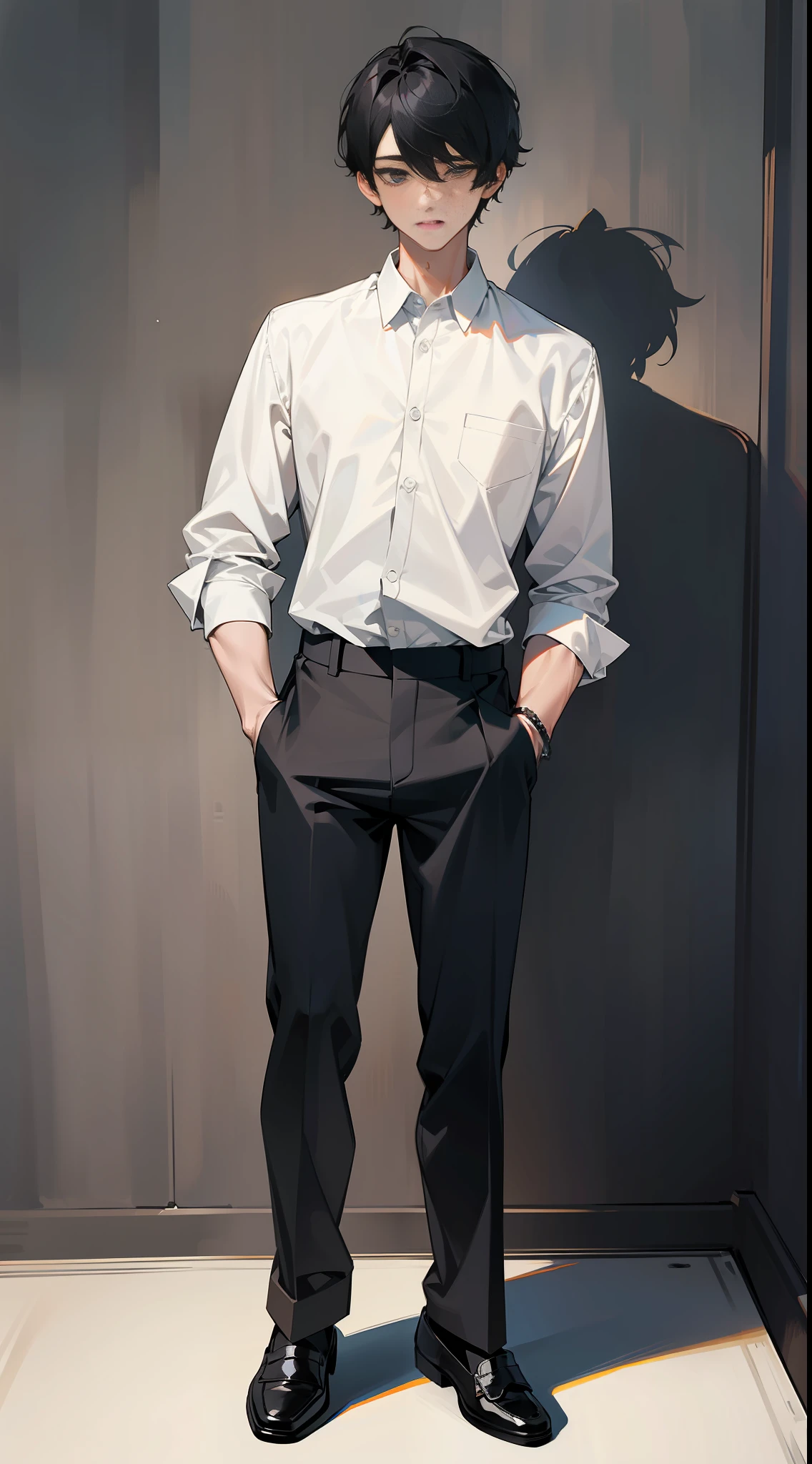 Masterpiece, top quality, intricate details, 1 boy, white shirt, black pants, black loafers, full body, black hair