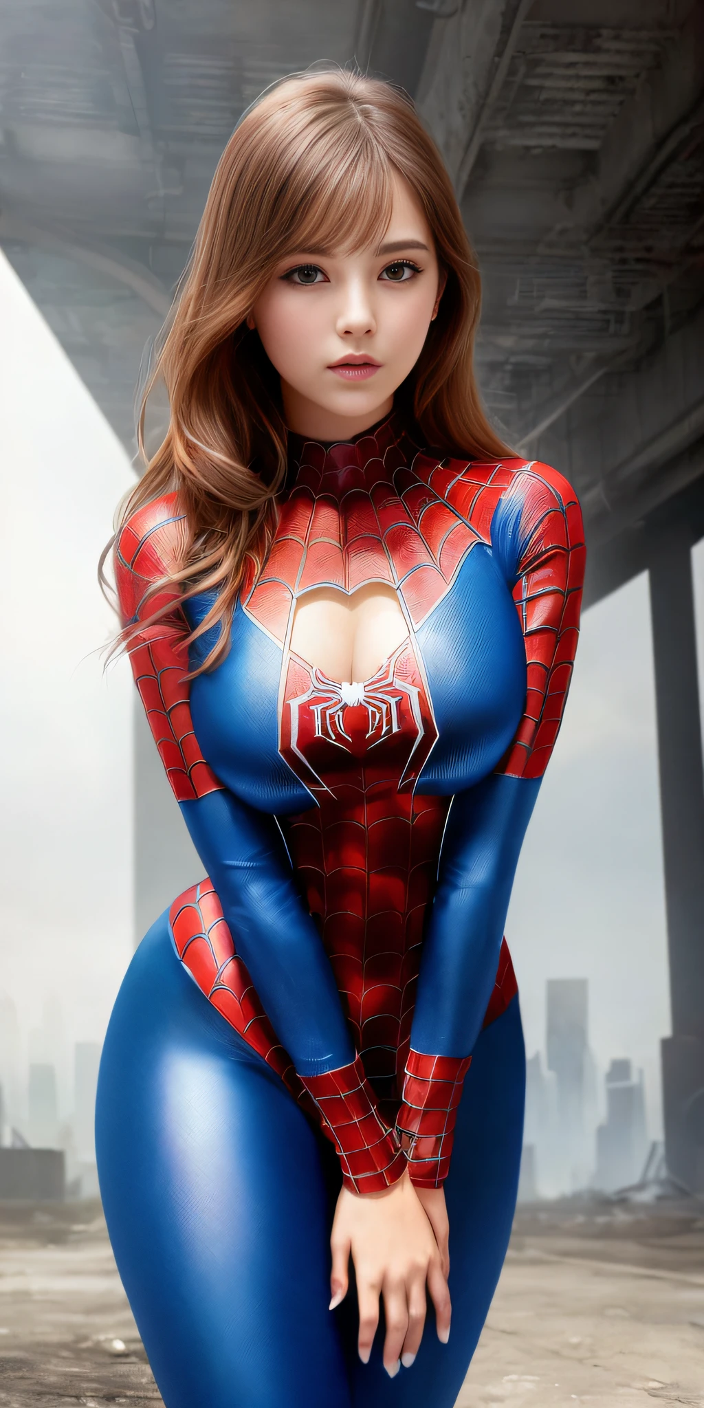 (1girl:1.3), Solo, (((Very detailed face)))), ((Very detailed eyes and face)))), Beautiful detail eyes, Body parts__, Official art, Unified 8k wallpaper, Super detailed, beautiful and beautiful, beautiful, masterpiece, best quality, original, masterpiece, super fine photo, best quality, super high resolution, realistic realism, sunlight, full body portrait, amazing beauty, dynamic pose, delicate face, vibrant eyes, (from the front), She wears a Spider-Man suit, red and black color scheme, spider, very detailed abandoned warehouse background, detailed face, detailed complex busy background, messy, gorgeous, milky white, highly detailed skin, realistic skin details, visible pores, clear focus, volumetric fog, 8k uhd, DSLR camera, high quality, film grain, fair skin, photo realism, lomography, futuristic dystopian giant metropolis, seen from below, translucent, large big breasts