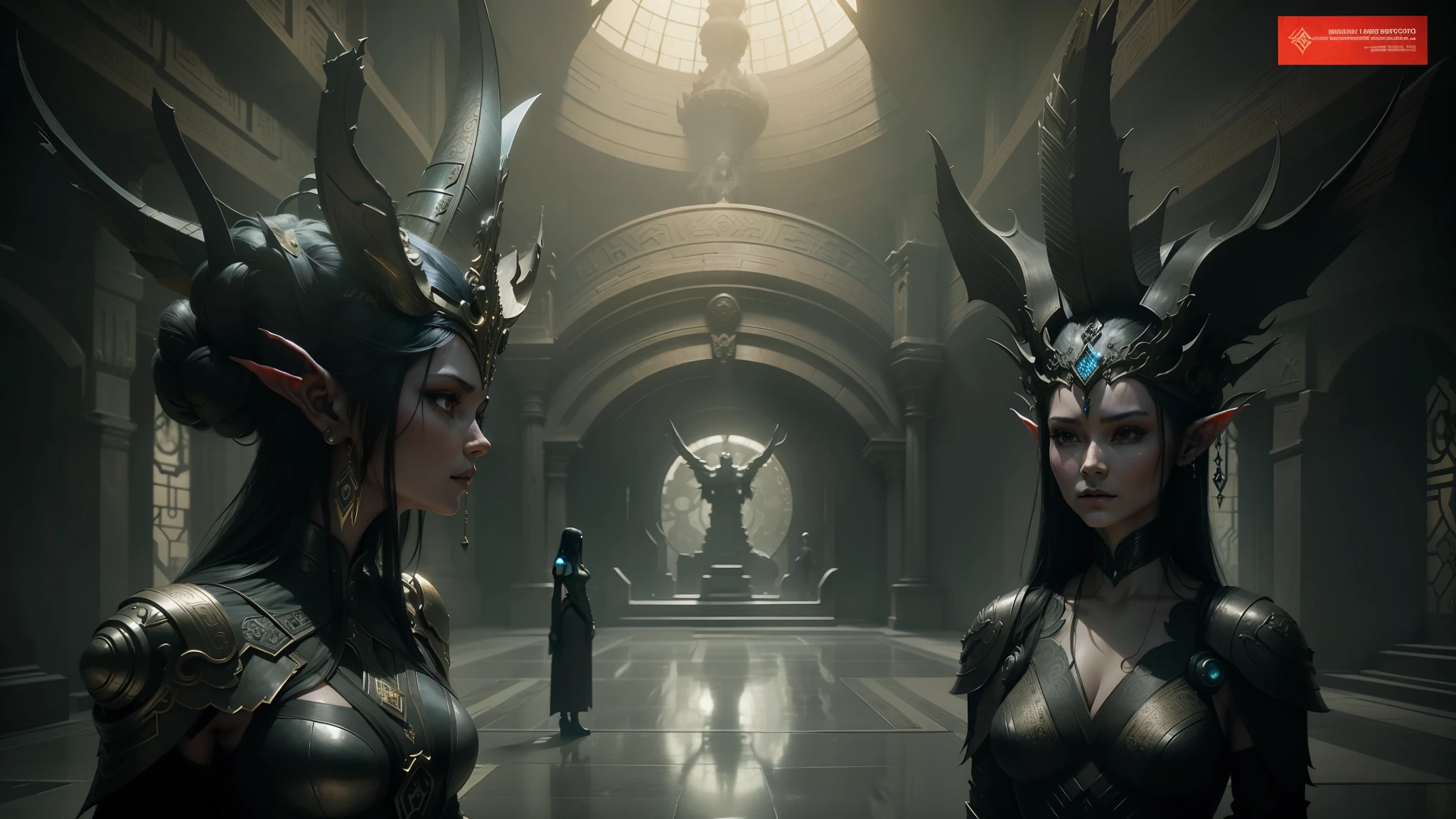 two women in costumes standing in a dark room with a ceiling, cyberpunk robotic elvish queen, beautiful sculpted details, still image from the movie, by Feng Zhu, wearing an egyptian crown, inspired by Ed Binkley, the empress’ swirling gardens, mastodon --auto --s2