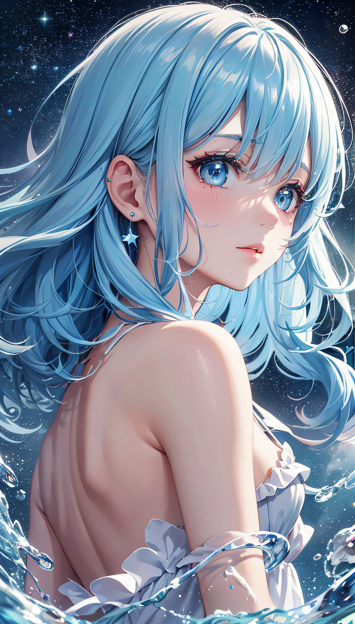 (Masterpiece), (Best Quality), (Ultra Detailed), (Messy Hair), (Illustration), (1 Girl), (Fashion Clothing), Stand, Fashion Model, Looking at the Audience, (Interview),
Water, liquid, clouds, colors, stars, stars,, beautiful delicate eyes, delicate beautiful face, floating, (high saturation), (colorful splashes), colorful bubbles, (shiny), focus on face, ayaka kamisato, light blue hair, bangs, hair ring, anime gaifu, looking at the audience, highly detailed, reflective transparent iridescent color, long transparent iridescent color RGB hair