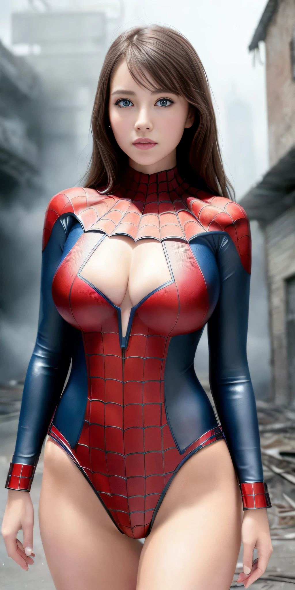(1girl:1.3), Solo, (((Very detailed face)))), ((Very detailed eyes and face)))), Beautiful detail eyes, Body parts__, Official art, Unified 8k wallpaper, Super detailed, beautiful and beautiful, beautiful, masterpiece, best quality, original, masterpiece, super fine photo, best quality, super high resolution, realistic realism, sunlight, full body portrait, amazing beauty, dynamic pose, delicate face, vibrant eyes, (from the front), She wears a Spider-Man suit, red and black color scheme, spider, very detailed abandoned warehouse background, detailed face, detailed complex busy background, messy, gorgeous, milky white, highly detailed skin, realistic skin details, visible pores, clear focus, volumetric fog, 8k uhd, DSLR camera, high quality, film grain, fair skin, photo realism, lomography, futuristic dystopian giant metropolis, seen from below, translucent, large big breasts
