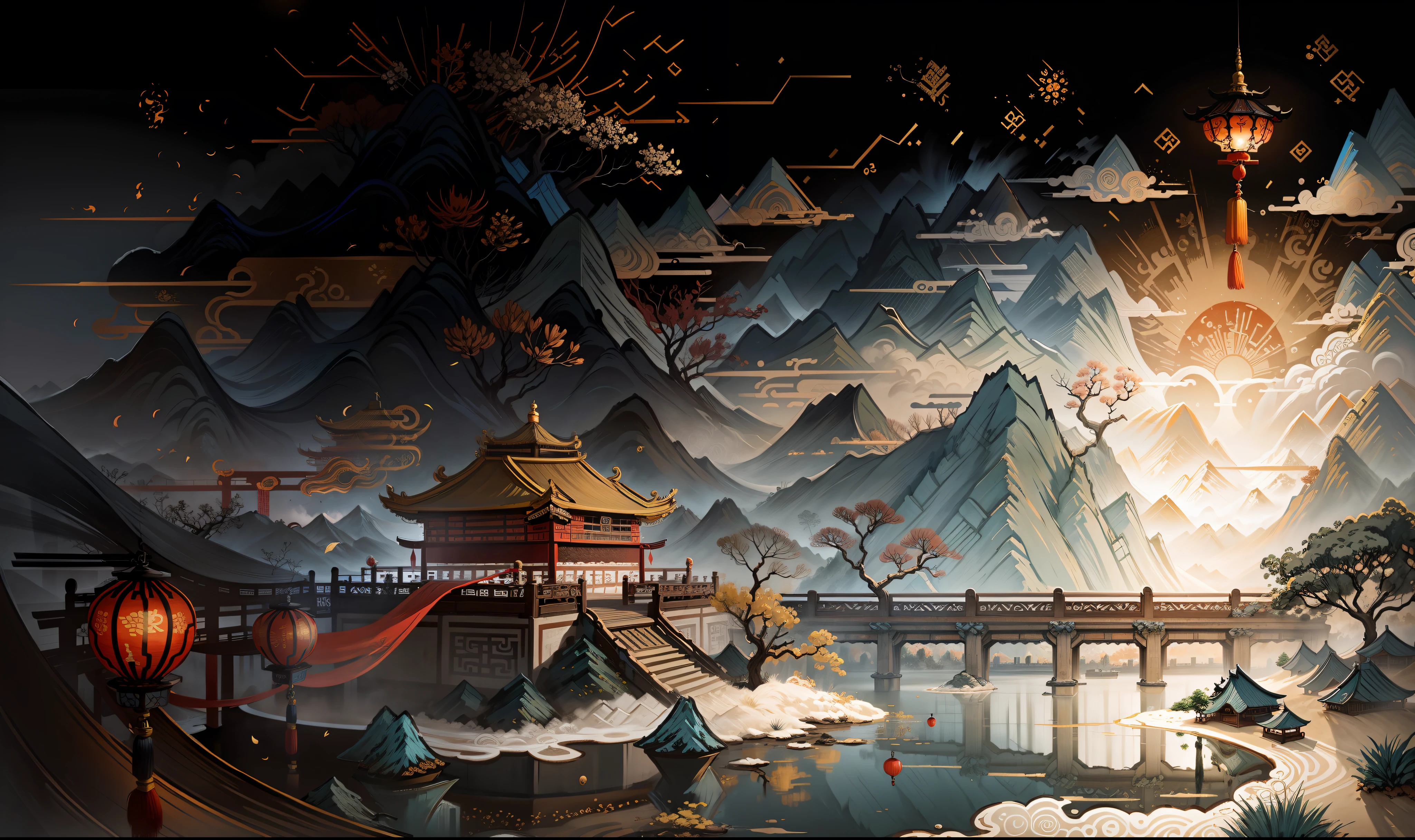 An ancient Chinese painting, ancient Chinese background, mountains, rivers, auspicious clouds, pavilions, sunshine, masterpieces, super detail, epic composition, ultra HD, high quality, extremely detailed, official art, unified 8k wallpaper, Super detail, 32k -- v 6