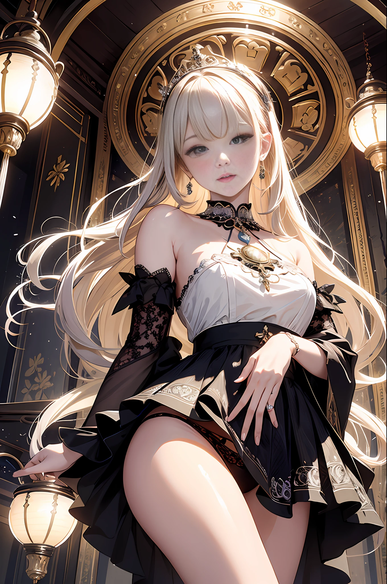 (Masterpiece, Top Quality, Official Art, Beautifully Aesthetic, Beautifully Aesthetic: 1.3, Detailed Detail, High Resolution: 1.4),A magic circle floating on the surface of the water, glowing with a pale and fantastic light, and a lady in a dress standing on top of it,She is illuminated by moonlight under a roof facing the outdoors of a majestic and beautiful temple, She has a beautiful face and shining eyes of brilliant colors, She wears beautiful ornaments and japanese gothic dress of intricate and delicate beauty, Detailed drawings, Vivid colors, High image quality,Subsurface scattering, Shine, Iridecent, ((skirt lift panties)),{{Highest Quality}, {{Ultra Detailed}}, {{Very Delicate and Beautiful}},