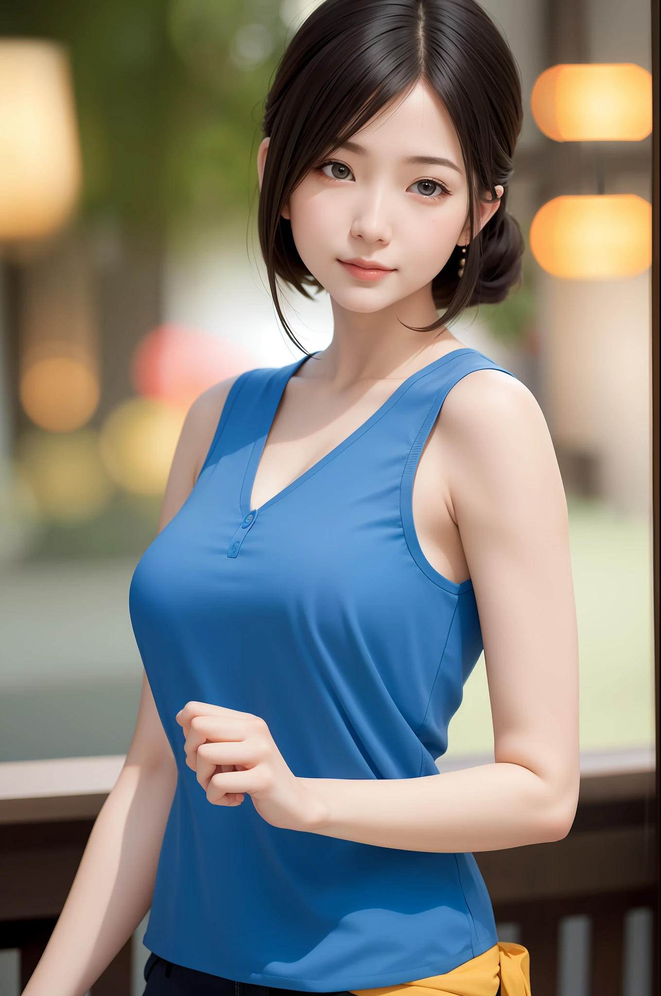 woman,japanese,blue shirt,sleeveless,realistic details, high resolution,bokeh,outstanding details