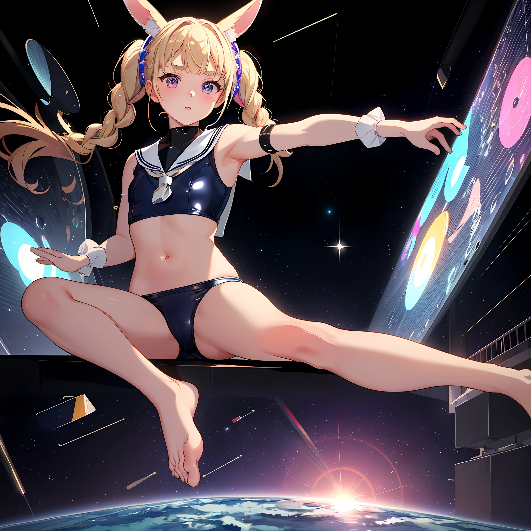 iridescent effect, feet raised, soles, soles in front, covered with soles, sitting, school swimsuit and sailor suit fusion, complex and colorful effects in the background, space debris floating, background is outer space, background is mechanical space colony, natural luminescence, small, female brat, thick eyebrows, thin waist, pigtails, beautiful blonde, braids, rabbit ears, (masterpiece), ((best quality)), (super detailed ), girl, clean and detailed face, five fingers, textile shading, perfect anatomy, perfect human body structure,