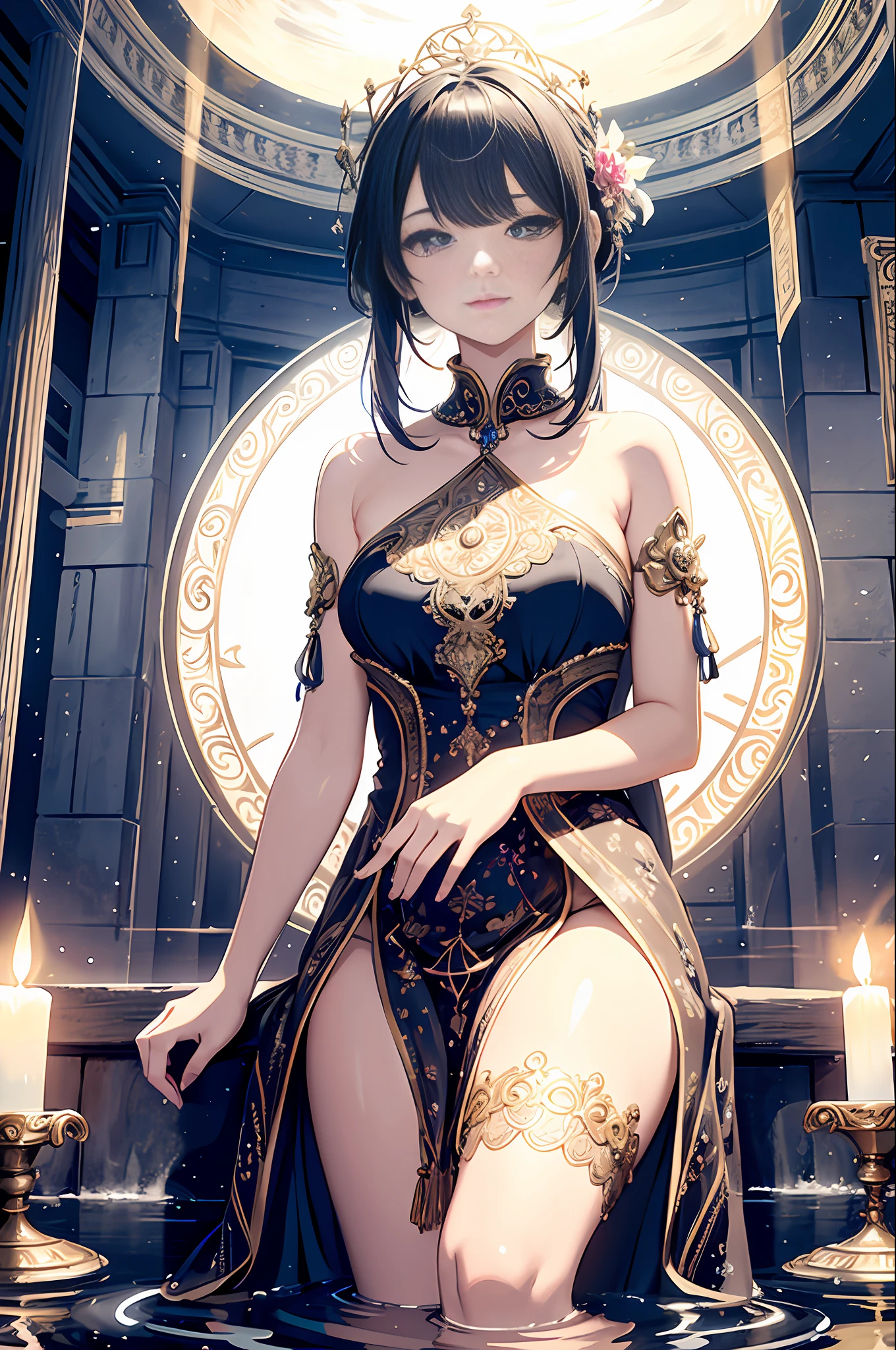 A magic circle floating on the surface of the water, glowing with a pale and fantastic light, and a lady in a dress standing on top of it,She is illuminated by moonlight under a roof facing the outdoors of a majestic and beautiful temple, She has a beautiful face and shining eyes of brilliant colors, She wears beautiful ornaments and dress of intricate and delicate beauty, Detailed drawings, Vivid colors, High image quality,Subsurface scattering, Shine, Iridecent, (beautiful detail face),thigh focus,{{Highest Quality}, {{Ultra Detailed}}, {{Very Delicate and Beautiful}},