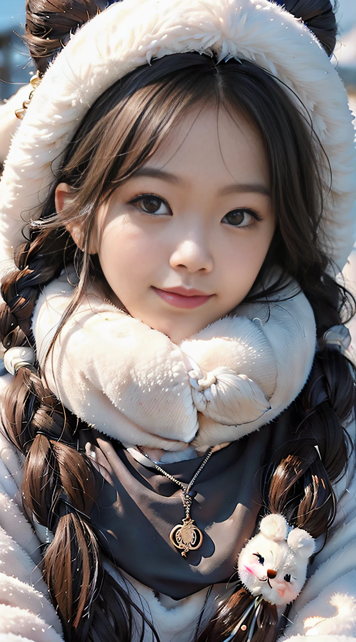 A girl, long braids, Tibetan girl, close-up, slightly raised head, smile, bust photo, upper body, fluffy on clothes, white animal fluff , high-end clothes, cold clothing, winter clothing, appearance Yang transcendence, round face shape, gorgeous Tibetan clothing, cumbersome Tibetan necklace, cumbersome Tibetan headdress, live action CG, sweet style, film style, HD 4K, photography effect, studio effect, white glow, mythical wind, snow field.