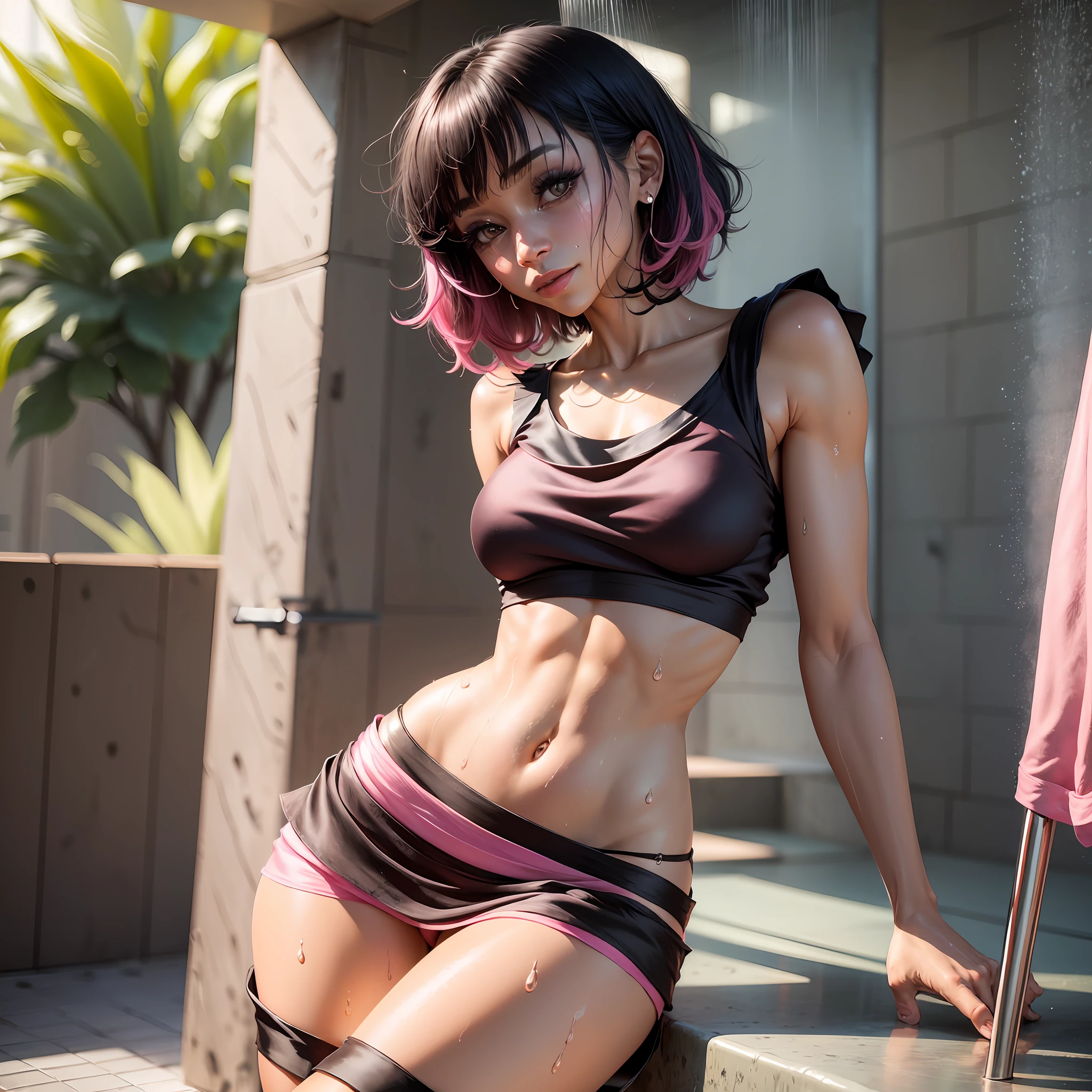 ((Tamara Taylor)), (solo), (a detailed full-body RAW photo of a girl), (masterpiece: 1), (best quality: 1.4), (ultra high resolution: 1.2), (photorealistic: 1.4), 8k resolution, Canon EOS R5, 50mm, absurd, ultra detailed, sharp focus, cinematic lighting, detailed beautiful face, (makeup: 1.2), (ulzzang-6500-v1.1), detailed skin texture, round chest, (slim and fit body: 1.3), thigh gap, (black-pink short straight hair:1.5), (straight hair), smiling, (tight black tank top:1.4), (short silk miniskirt:2), realistically glittering skin, (cameltoe:1.5), (sweating:1.5), slim waist, seductive smile, solo, (in the shower), whole body --auto --s2