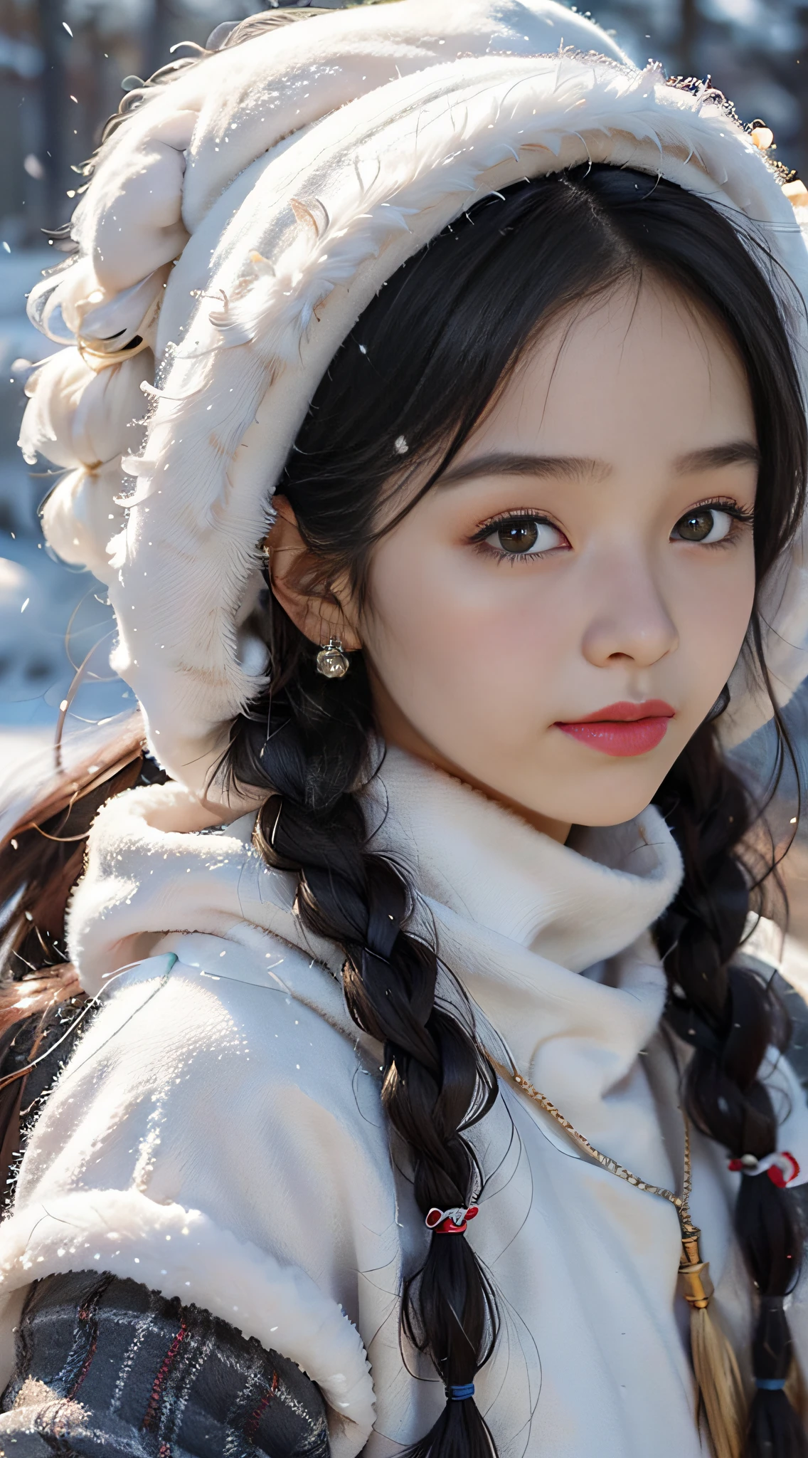 A girl, long braids, Tibetan girl, close-up, slightly raised head, smile, bust photo, upper body, fluffy on clothes, white animal fluff , high-end clothes, cold clothing, winter clothing, appearance Yang transcendence, round face shape, gorgeous Tibetan clothing, cumbersome Tibetan necklace, cumbersome Tibetan headdress, live action CG, sweet style, film style, HD 4K, photography effect, studio effect, white glow, mythical wind, snow field.