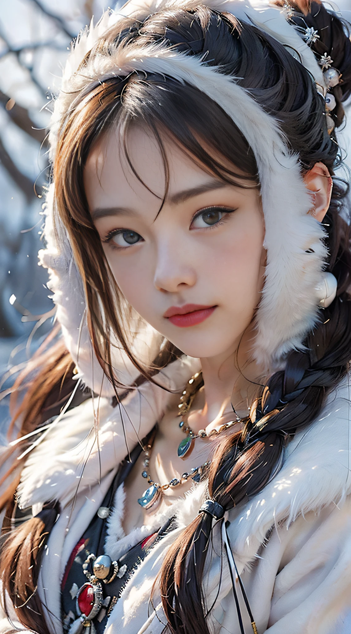 A girl, long braids, Tibetan girl, close-up, slightly raised head, smile, bust photo, upper body, fluffy on clothes, white animal fluff , high-end clothes, cold clothing, winter clothing, appearance Yang transcendence, round face shape, gorgeous Tibetan clothing, cumbersome Tibetan necklace, cumbersome Tibetan headdress, live action CG, sweet style, film style, HD 4K, photography effect, studio effect, white glow, mythical wind, snow field.