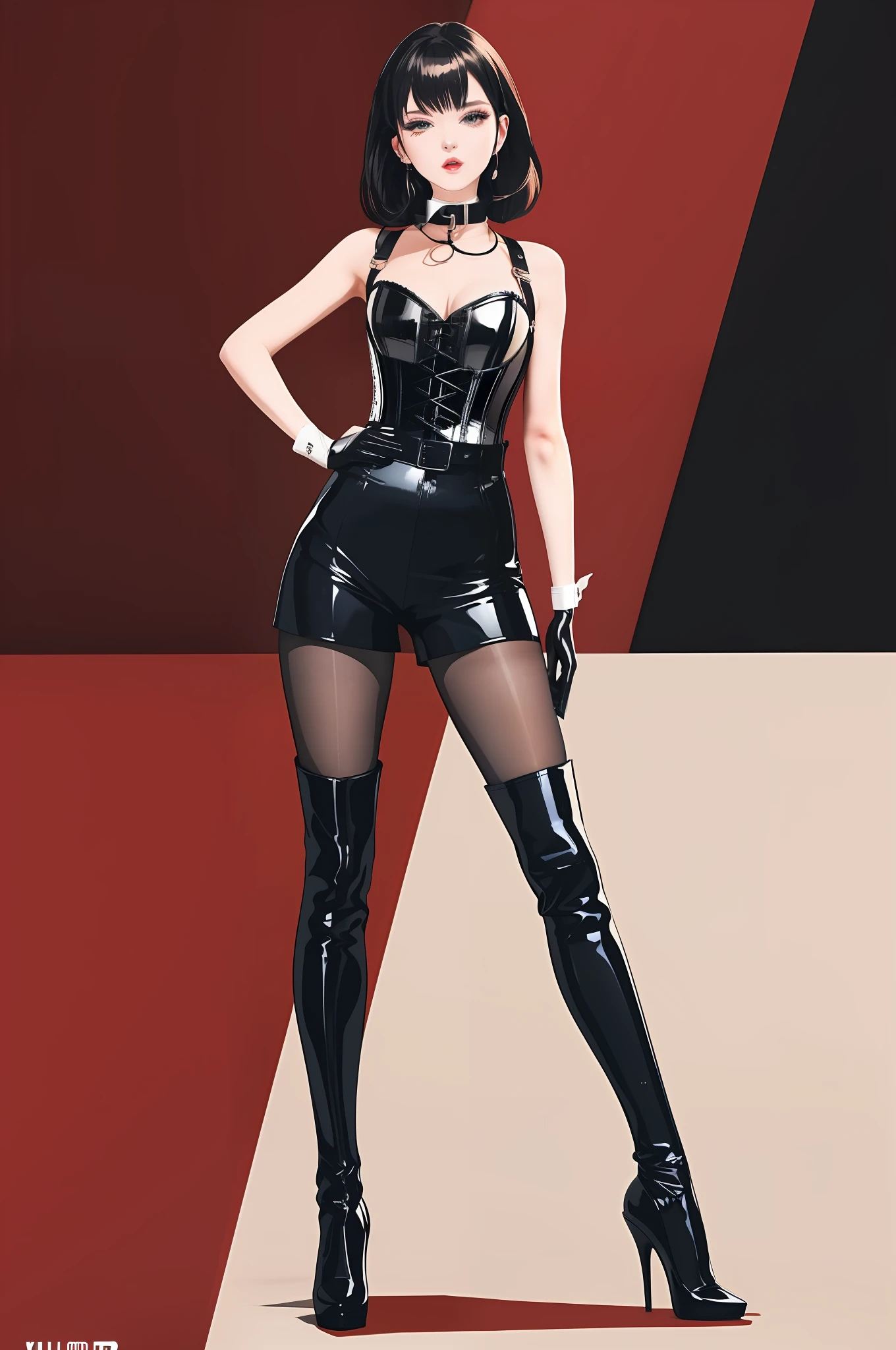 BDSM, rubber, black corset, bondage, collar, NSFW, (best quality, 8k, masterpiece: 1.3))