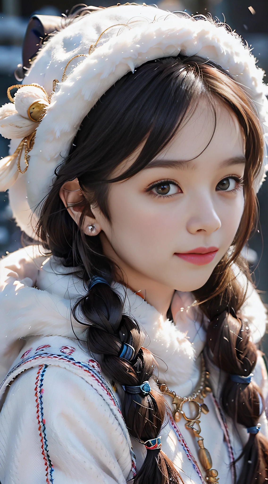 A girl, long braids, Tibetan girl, close-up, slightly raised head, smile, bust photo, upper body, fluffy on clothes, white animal fluff , high-end clothes, cold clothing, winter clothing, appearance Yang transcendence, round face shape, gorgeous Tibetan clothing, cumbersome Tibetan necklace, cumbersome Tibetan headdress, live action CG, sweet style, film style, HD 4K, photography effect, studio effect, white glow, mythical wind, snow field.