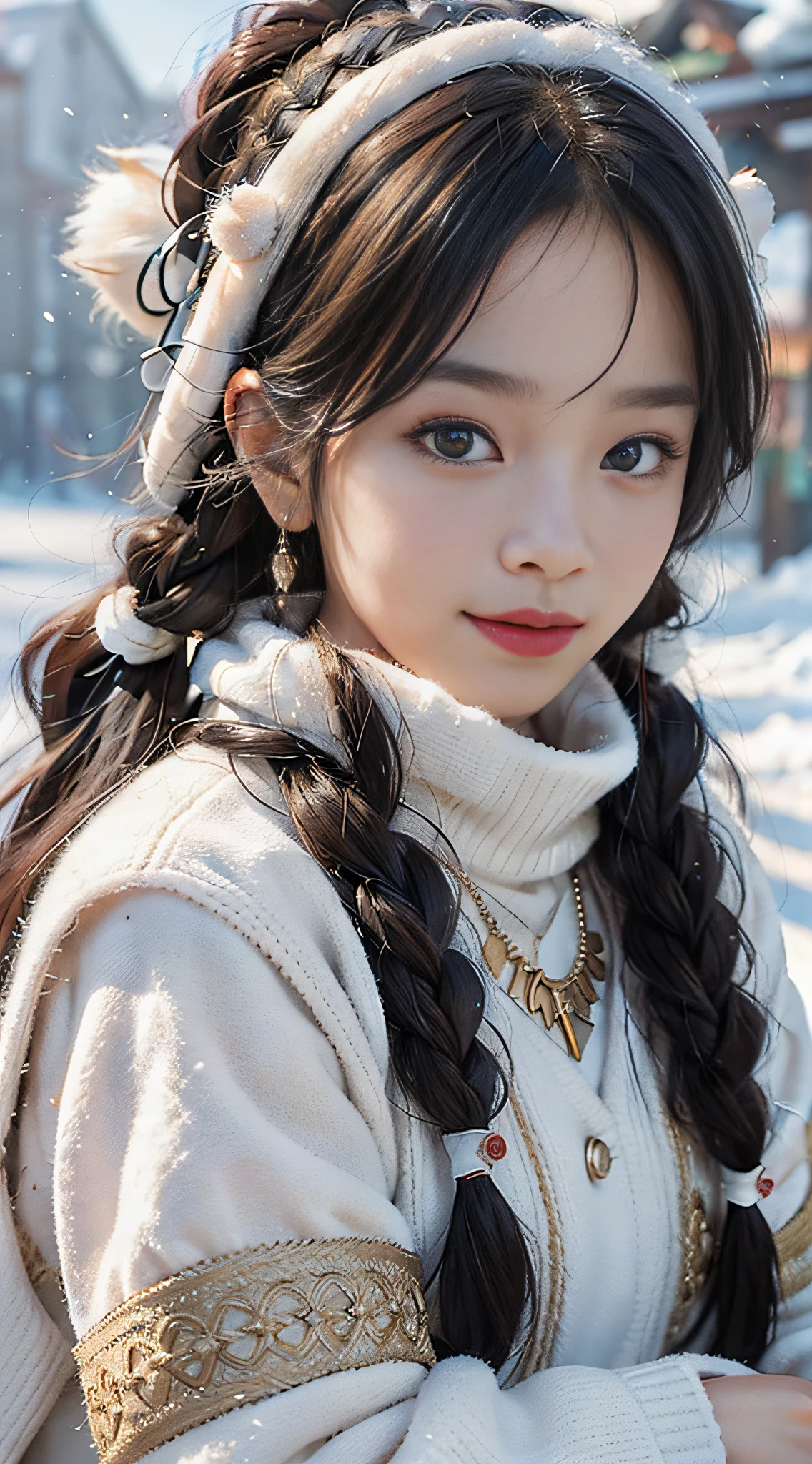 A girl, long braids, Tibetan girl, close-up, slightly raised head, smile, bust photo, upper body, fluffy on clothes, white animal fluff , high-end clothes, cold clothing, winter clothing, appearance Yang transcendence, round face shape, gorgeous Tibetan clothing, cumbersome Tibetan necklace, cumbersome Tibetan headdress, live action CG, sweet style, film style, HD 4K, photography effect, studio effect, white glow, mythical wind, snow field.