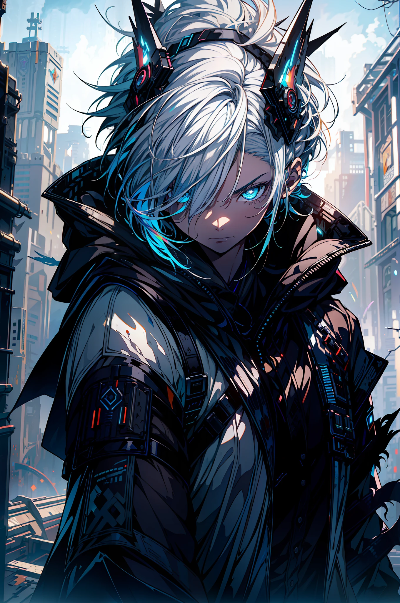 cyberpunk girl, fantasy world, dark background, clean design, epic Instagram, colorful paint splash, silhouette, ultra-detailed intricate details, Unreal Engine, fantasy, intricate details, splash screen, complementary colors, fantasy concept art, 8k resolution, deviantart masterpiece, oil painting, heavy stroke, paint dripping, (isolation on white background: 1.3), rainbow skin, ((((heroic young man))), ((teenage: 1.5 )), (glowing blue eyes), ((eyes have light)),(((short white hair: 1.1)))), ((black)), (queen\\(indifferent expression\\),(((wearing high-detail luxury black robe))), white hair,