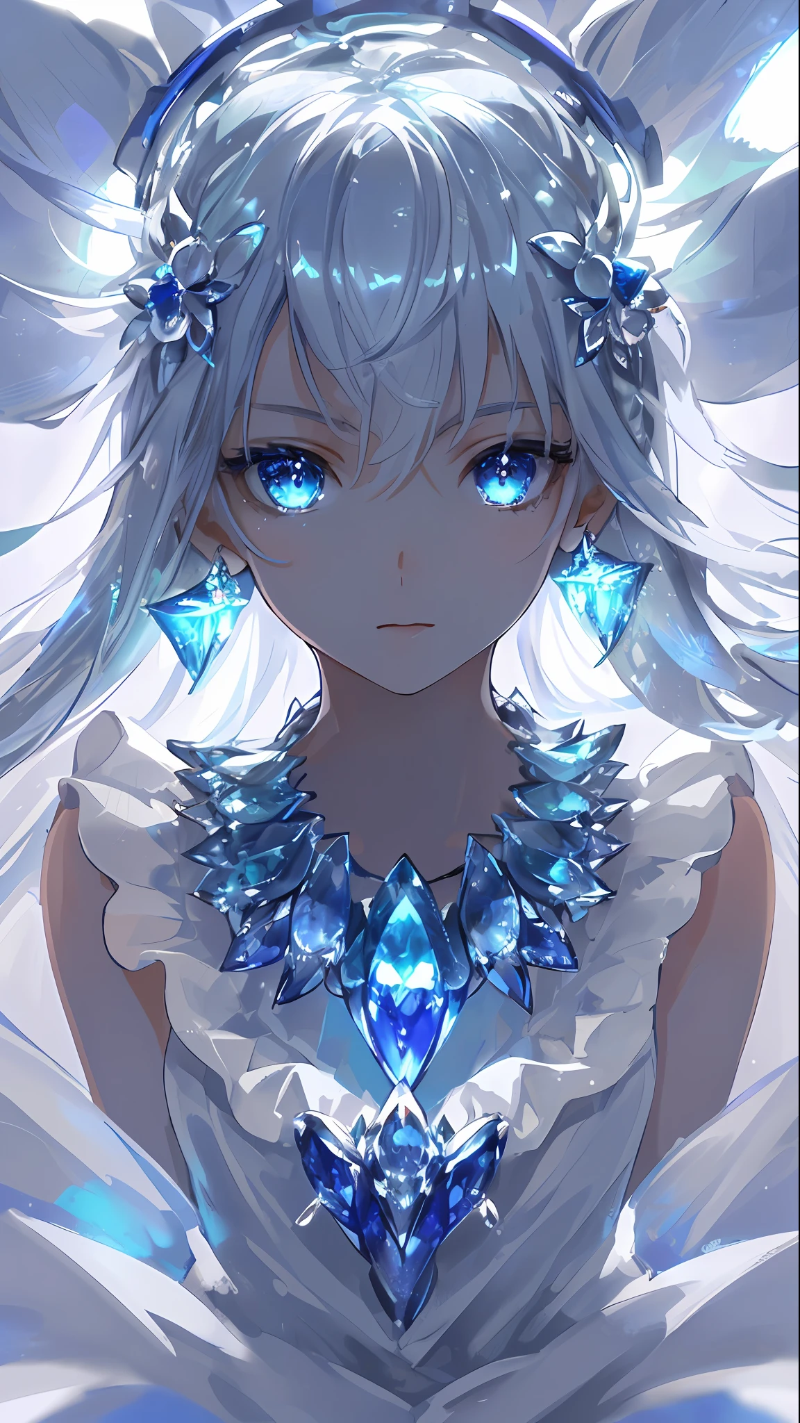 masterpiece, best quality, illustration, sax blue, platinum earrings, platinum necklace, white dress, 1girl, cute, (dynamic lighting:1.2), cinematic lighting, delicate facial features, detailed eyes, sharp pupils, realistic pupils, depth of field, bokeh, sharp focus, (hyper-detailed, bloom, glow:1.4), many small gems