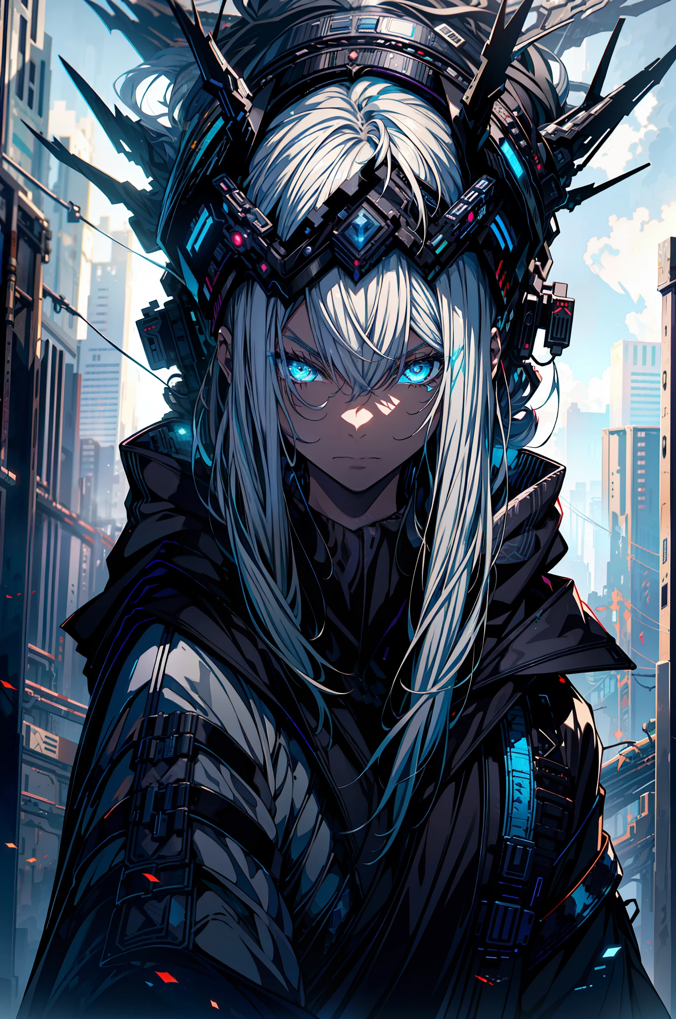 cyberpunk girl, fantasy world, dark background, clean design, epic Instagram, colorful paint splash, silhouette, ultra-detailed intricate details, Unreal Engine, fantasy, intricate details, splash screen, complementary colors, fantasy concept art, 8k resolution, deviantart masterpiece, oil painting, heavy stroke, paint dripping, (isolation on white background: 1.3), rainbow skin, ((((heroic young man))), ((age: 1.5 )), (glowing blue eyes), ((eyes have light)),(((short white hair: 1.1)))), ((black)), (queen\\(indifferent expression\\),(((wearing high-detail luxury black robe))), white hair,