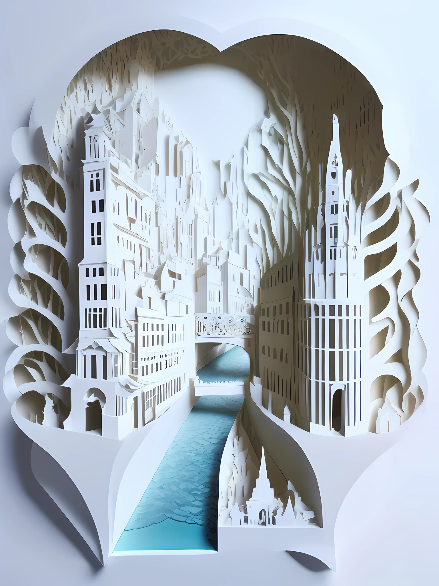 City architecture, street view, traffic, river, front view layer, 3D paper cutting, minimalist composition, white background, 3D stereoscopic, HD rendering.