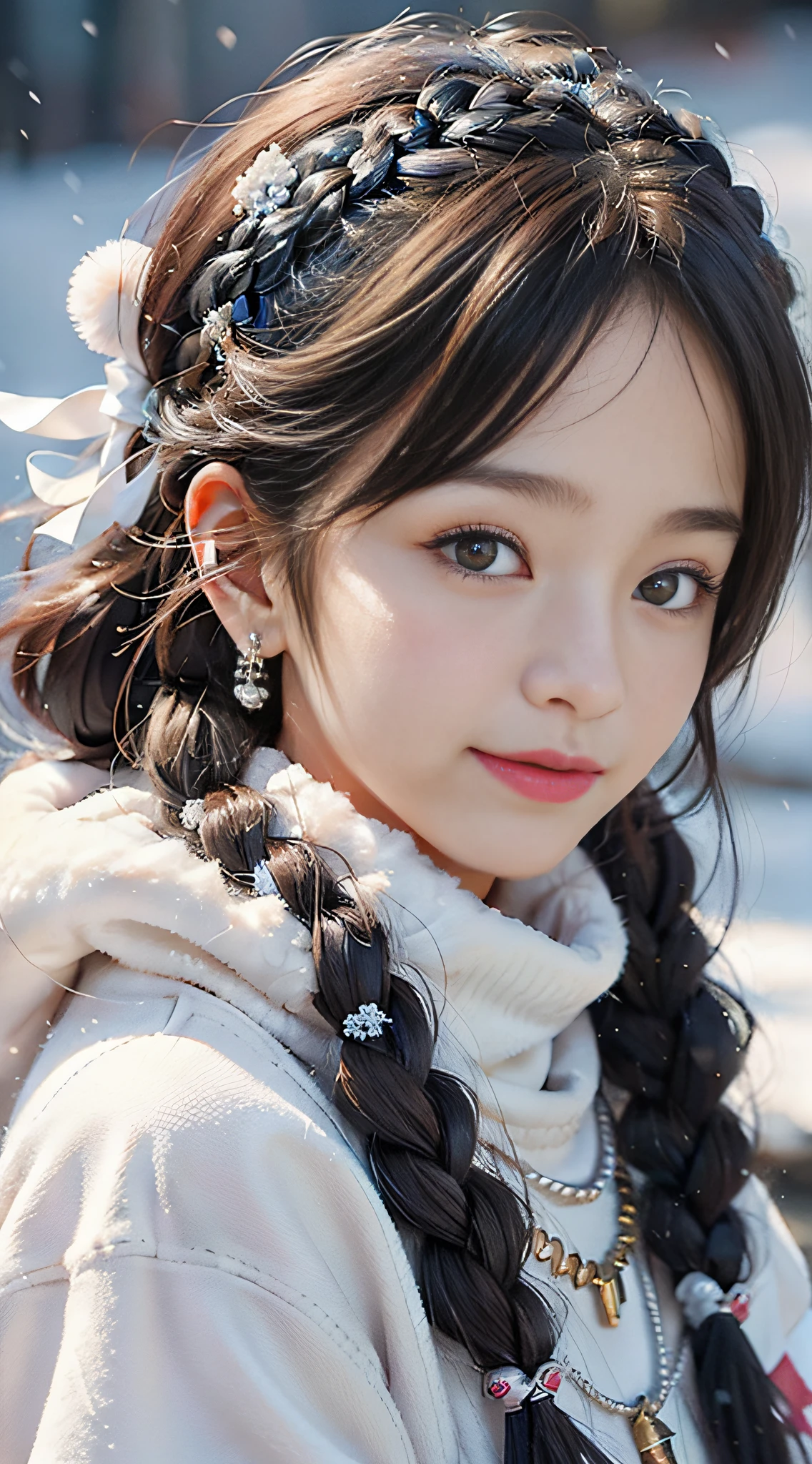 A girl, long braids, Tibetan girl, close-up, slightly raised head, smile, bust photo, upper body, fluffy on clothes, white animal fluff , high-end clothes, cold clothing, winter clothing, appearance Yang transcendence, round face shape, gorgeous Tibetan clothing, cumbersome Tibetan necklace, cumbersome Tibetan headdress, live action CG, sweet style, film style, HD 4K, photography effect, studio effect, white glow, mythical wind, snow field.
