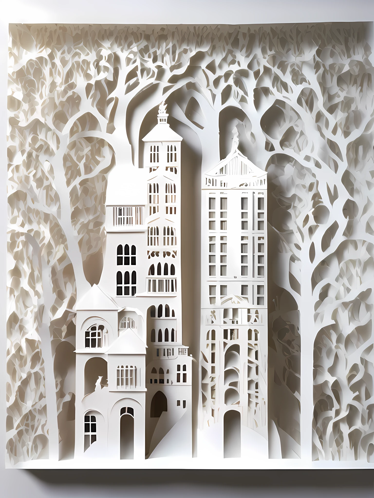 City architecture, street view, traffic, river, front view layer, 3D paper cutting, minimalist composition, white background, 3D stereoscopic, HD rendering.