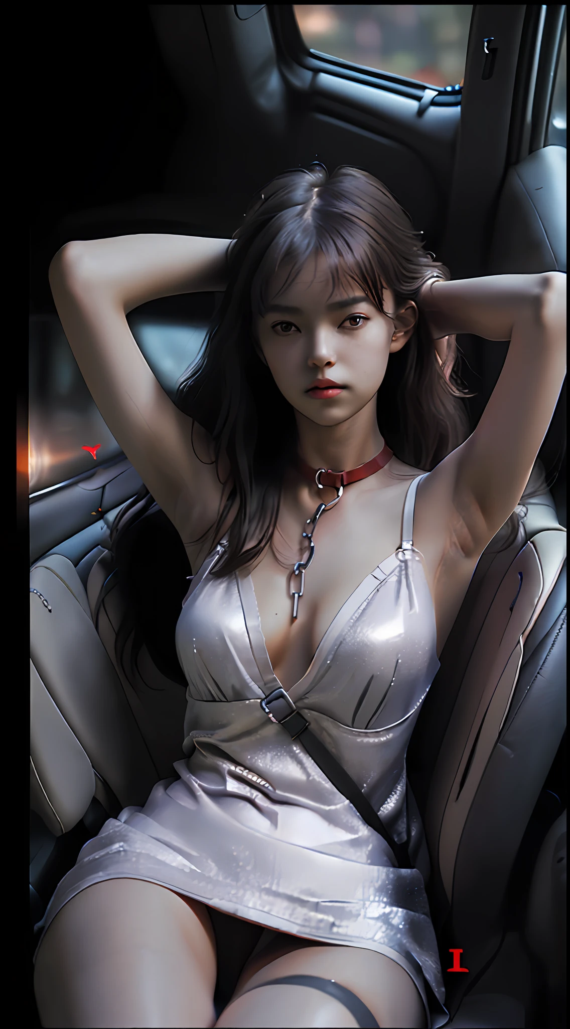 Cool Beauty Beauty Serious Theme, ulzzang-6500-v1.1, (Raw photo:1.2), (Photorealistic:1.4),Seen from below, Beautiful detailed girl, Beautiful  with neat lower body small  proportions, Very detailed eyes and face, Beautiful detailed eyes, ridiculous, incredibly ridiculous, huge file size, super detailed, high resolution, very detailed, top quality, masterpiece, venue with a  atmosphere, ((Japan girl underground idol)), illustration, very detailed, cg, unification, 8k wallpaper, wonderful, fine details, (tiny little , the most  expression  aroused with eyes closed), small , beautiful lower body neat and beautiful proportions, (17-year-old girl with a sensual look, no makeup) masterpiece, Top quality, highly detailed CG uniform 8k wallpaper, light on face, boyfriend's bed in the dark, disheveled outfit mini nightgown, of a 17-year-old girl with a sensual expression (without panties) (no bra)), ((posing with hands crossed above head showing armpits in car seat))), (showing small ), (half), disheveled outfit  mini nightgown) ((( No panties) (no bra)), (Pose with arms crossed above head showing sides in a car seat in the dark, exposing soft skin) (Composition is a pose pose in which a 17-year-old girl with a sensual expression leans against a car seat, shows her armpits, and crosses her hands above her head) (Red dog collar and chain lead around her neck)) (Lying down with hands raised) (ecstatic sensual expression), ( 17-year-old girl with sensual expression, no makeup) disheveled nightgown ((without panties)), (( dynamic pose))), (), (hands stretched up and crossed), ( and thighs open), (poses with arms crossed over head showing sides), (showing unobstructed ), (gray pantyhose), (without panties)), ( Sitting with legs bent at the knees)) ((( and open to the thigh))) (left side of the screen is the sunset light, right side is dark with shadows) (strobe lighting) (pose with han