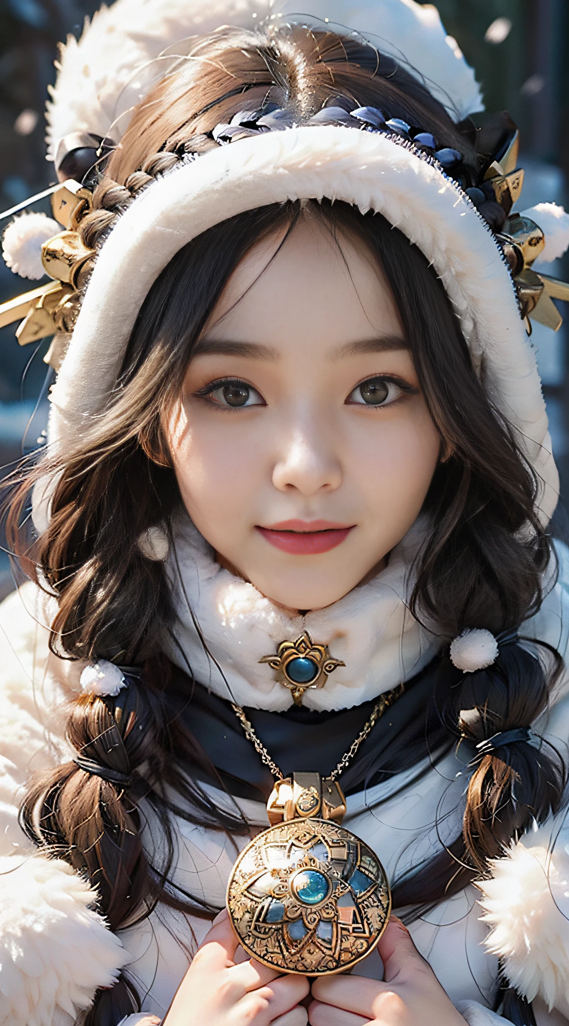 A girl, long braids, Tibetan girl, close-up, slightly raised head, smile, bust photo, upper body, fluffy on clothes, white animal fluff , high-end clothes, cold clothing, winter clothing, appearance Yang transcendence, round face shape, gorgeous Tibetan clothing, cumbersome Tibetan necklace, cumbersome Tibetan headdress, live action CG, sweet style, film style, HD 4K, photography effect, studio effect, white glow, mythical wind, snow field.