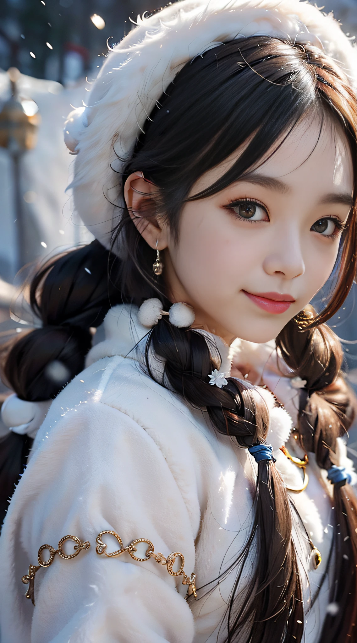 A girl, long braids, Tibetan girl, close-up, slightly raised head, smile, bust photo, upper body, fluffy clothes, white animal fluff hair, high-end clothes, cold clothing, winter clothing, appearance Yang transcendence, round face shape, gorgeous Tibetan clothing, cumbersome Tibetan necklace, cumbersome Tibetan headdress, live-action CG, sweet style, film style, HD 4K, photography effect, studio effect, white glow, mythical wind, snow background.