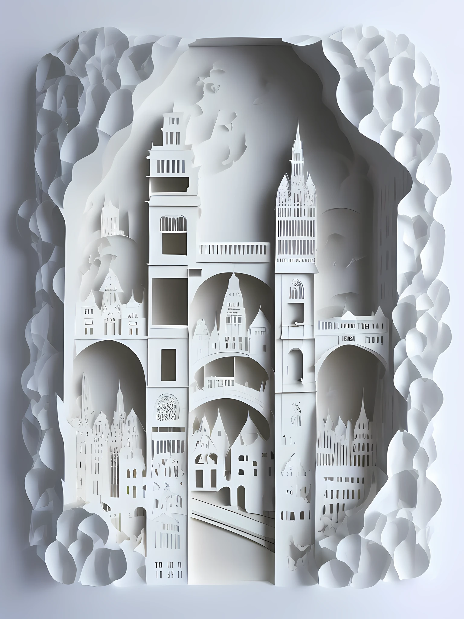 City architecture, street view, traffic, river, front view layer, 3D paper cutting, minimalist composition, white background, 3D stereoscopic, HD rendering.