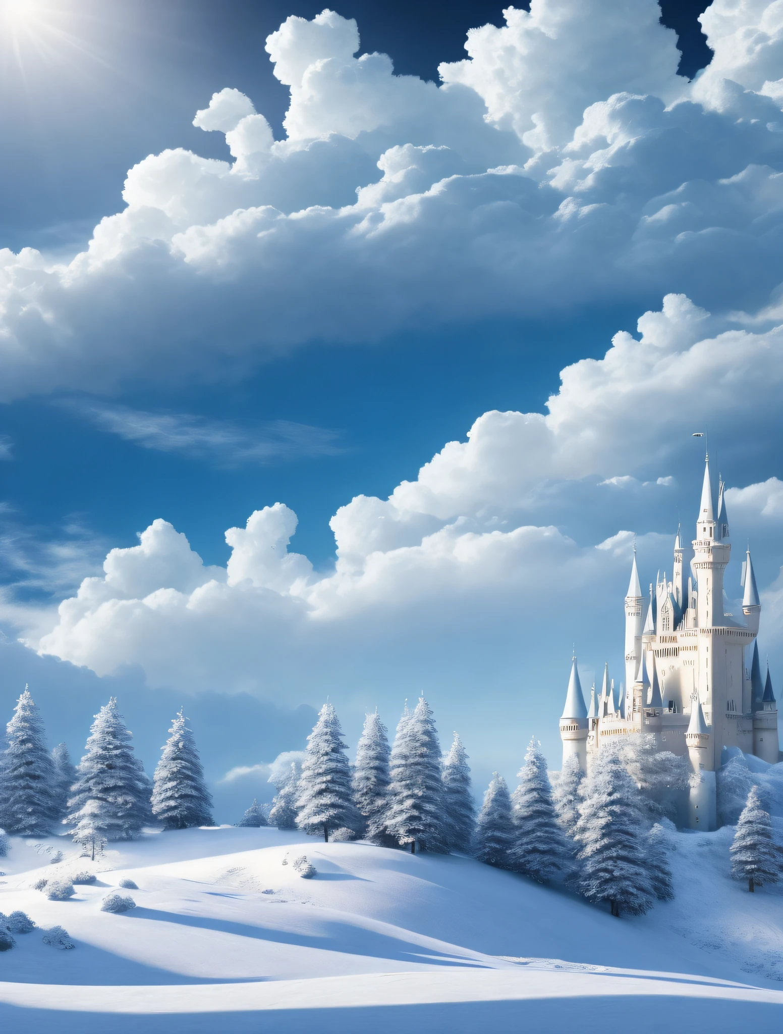 Castles, flowers, exquisite views, sky, white clouds and sun shining on the snow-white sand. Flower Rose and, Diamond Crystal, Fantasy, Moon, Smoke, HD, 8K, Snow, Winter