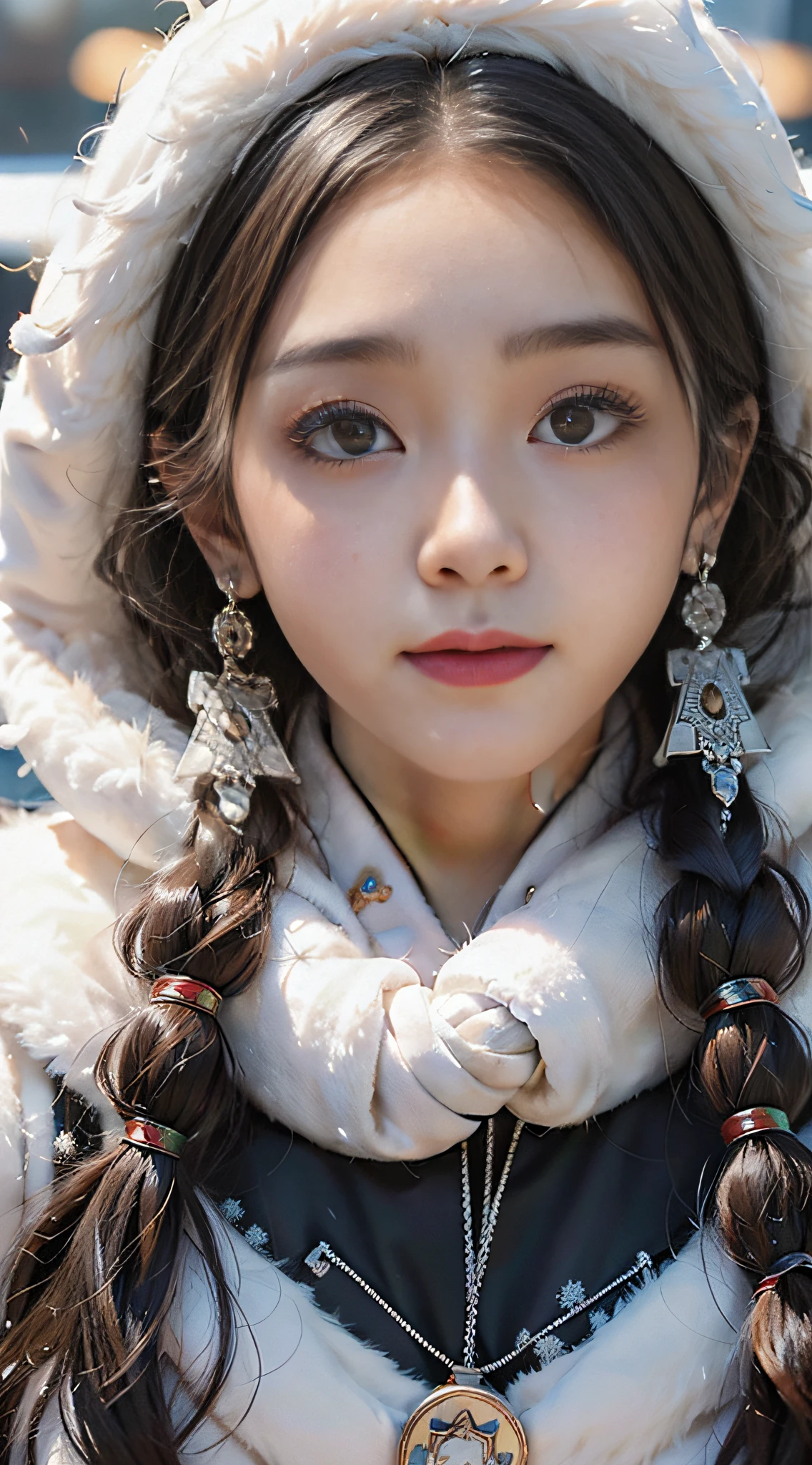 A girl, long braids, Tibetan girl, close-up, slightly raised head, smile, bust photo, upper body, clothes with fluff, white fluff, high-end clothes, cumbersome Tibetan clothing design, cold clothing, winter clothing, appearance Yang transcendence, round face shape, gorgeous Tibetan clothing, cumbersome Tibetan necklace, cumbersome Tibetan headdress, real person CG, sweet style, film style, HD 4K, photography effect, studio effect, white halo, mythical wind, snow field.