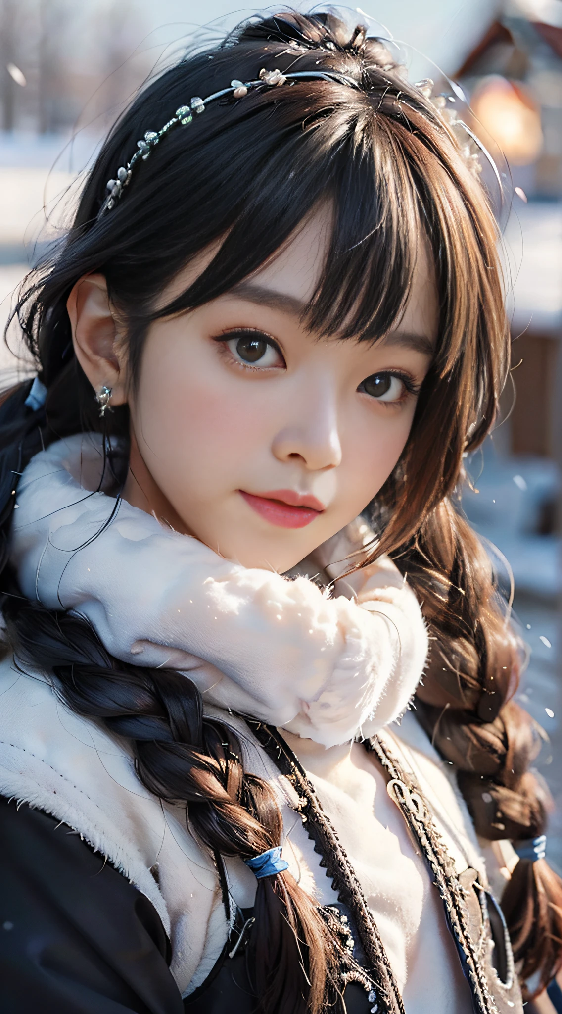 A girl, long braids, Tibetan girl, close-up, slightly raised head, smile, bust photo, upper body, clothes with fluff, white fluff, high-end clothes, cumbersome Tibetan clothing design, cold clothing, winter clothing, appearance Yang transcendence, round face shape, gorgeous Tibetan clothing, cumbersome Tibetan necklace, cumbersome Tibetan headdress, real person CG, sweet style, film style, HD 4K, photography effect, studio effect, white halo, mythical wind, snow field.