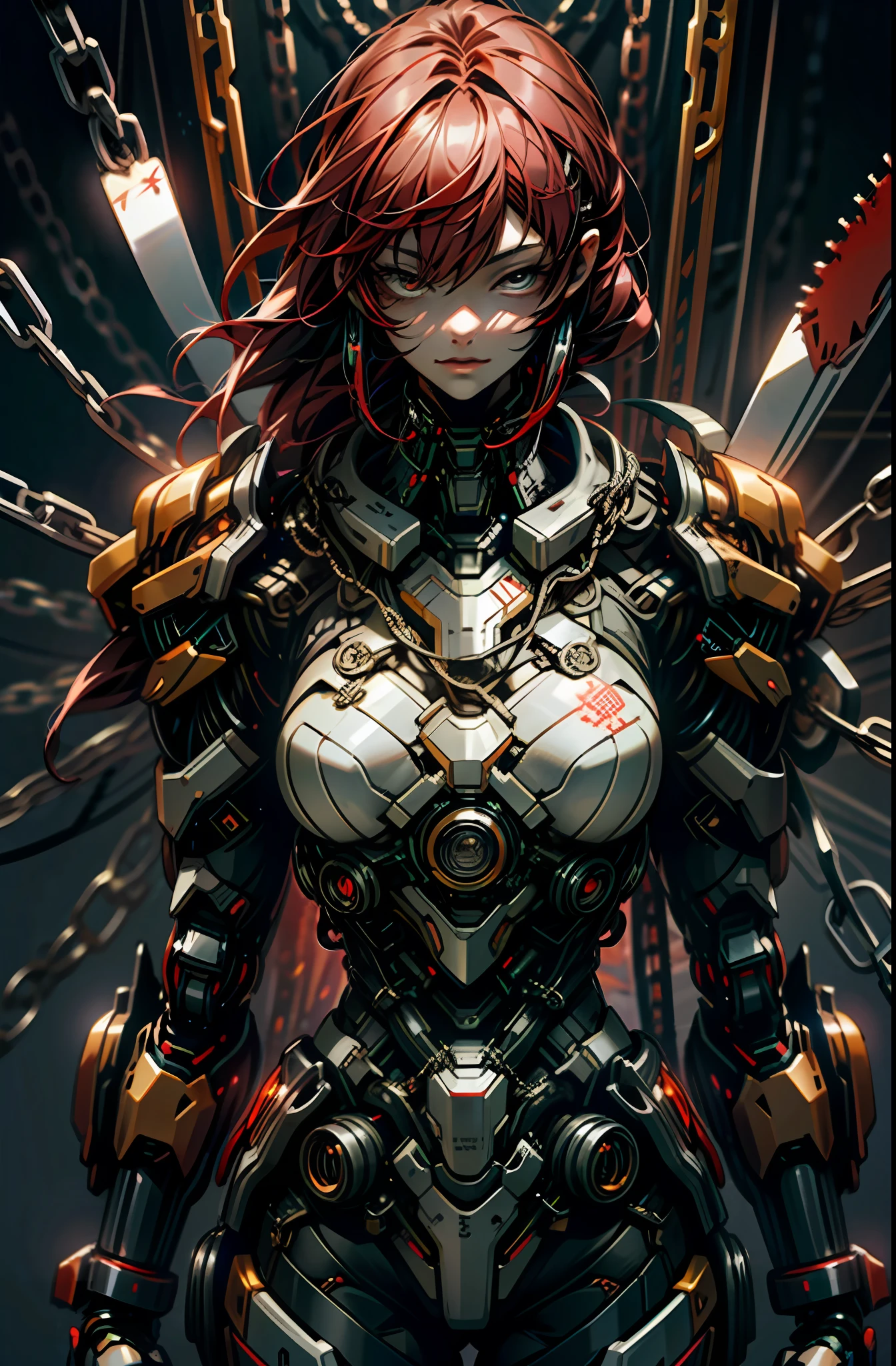 Dark_Fantasy,Cyberpunk,(chain saw,chain saw man,Red:1.1),1girl,Mechanical marvel,Robotic presence,Cybernetic guardian,