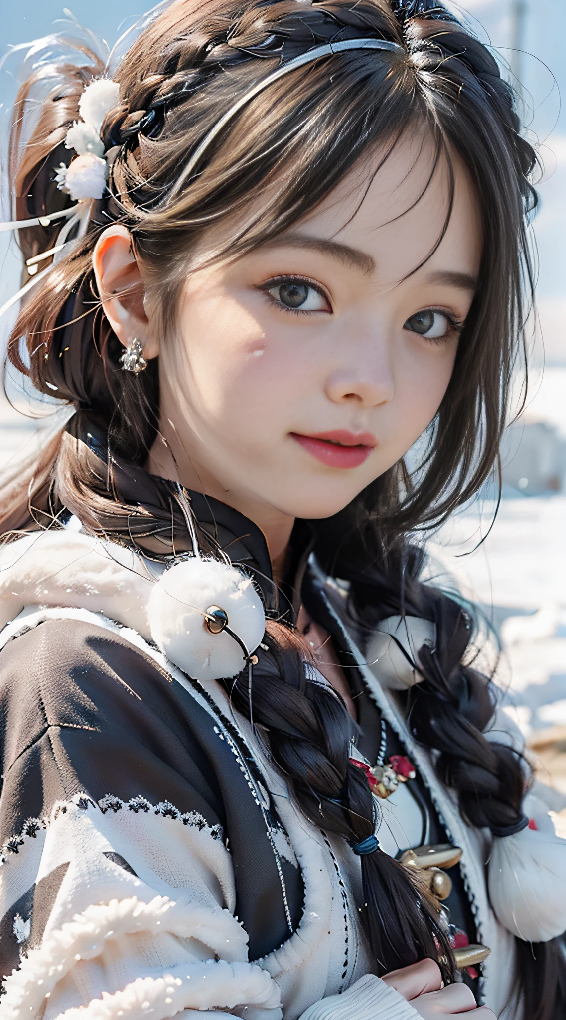 A girl, long braids, Tibetan girl, close-up, slightly raised head, smile, bust photo, upper body, clothes with fluff, white fluff, high-end clothes, cumbersome Tibetan clothing design, cold clothing, winter clothing, appearance Yang transcendence, round face shape, gorgeous Tibetan clothing, cumbersome Tibetan necklace, cumbersome Tibetan headdress, real person CG, sweet style, film style, HD 4K, photography effect, studio effect, white halo, mythical wind, snow field.