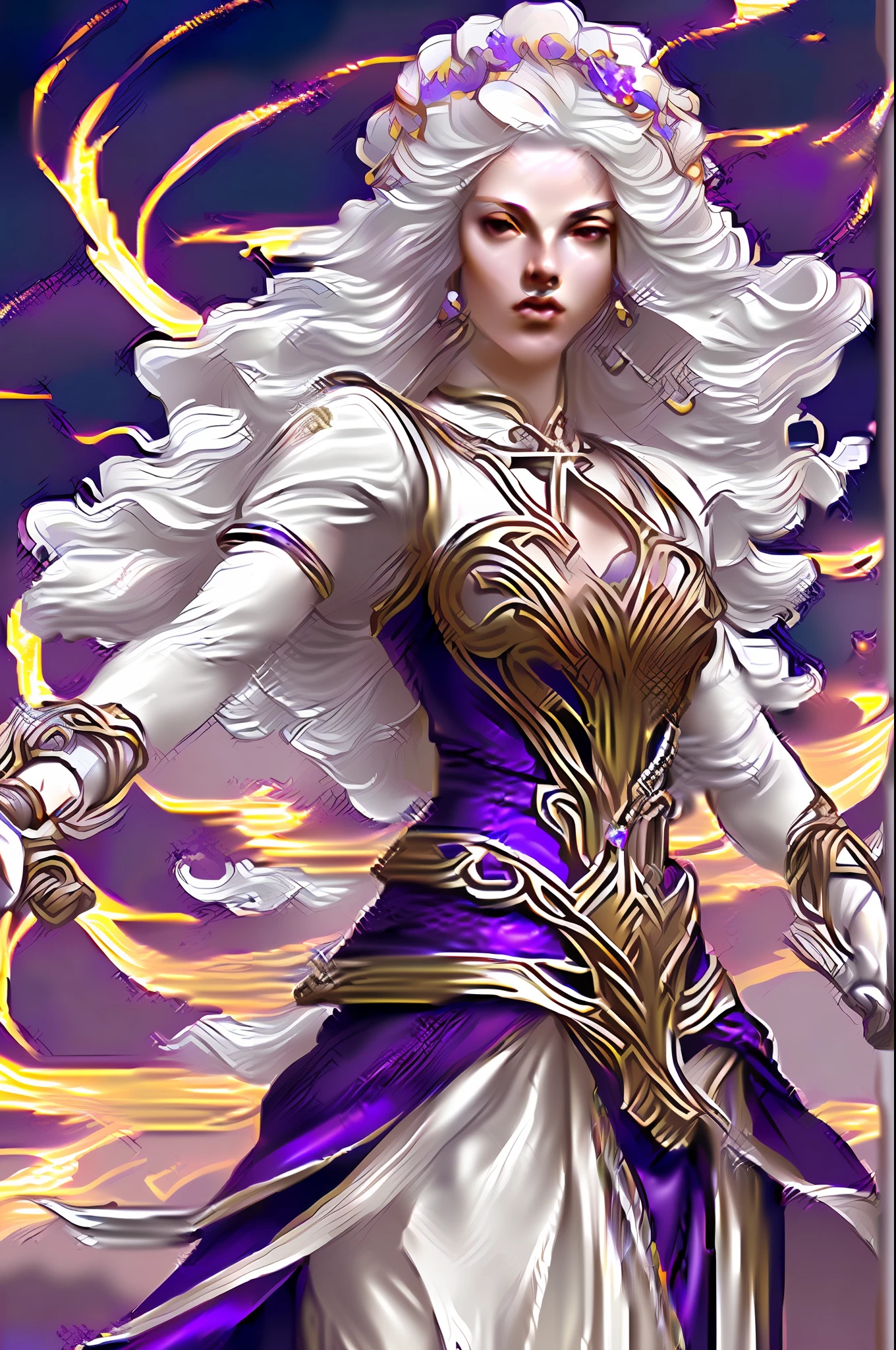modelshoot style, (extremely detailed CG unity 8k wallpaper), full shot body photo of the most beautiful artwork in the world, hot white skinned with white curly hair (cleric), sexy dress, religious with cross, very young girl, nature magic, medieval era, painting by Ed Blinkey, Atey Ghailan, Studio Ghibli, by Jeremy Mann, Greg Manchess, Antonio Moro, trending on ArtStation, trending on CGSociety, Intricate, High Detail, Sharp focus, painting art by midjourney and greg rutkowski, purple and gold, petals, casting a religious spell, purple swirling magic, very soft and sexy beautiful young face, young human face, smooth face