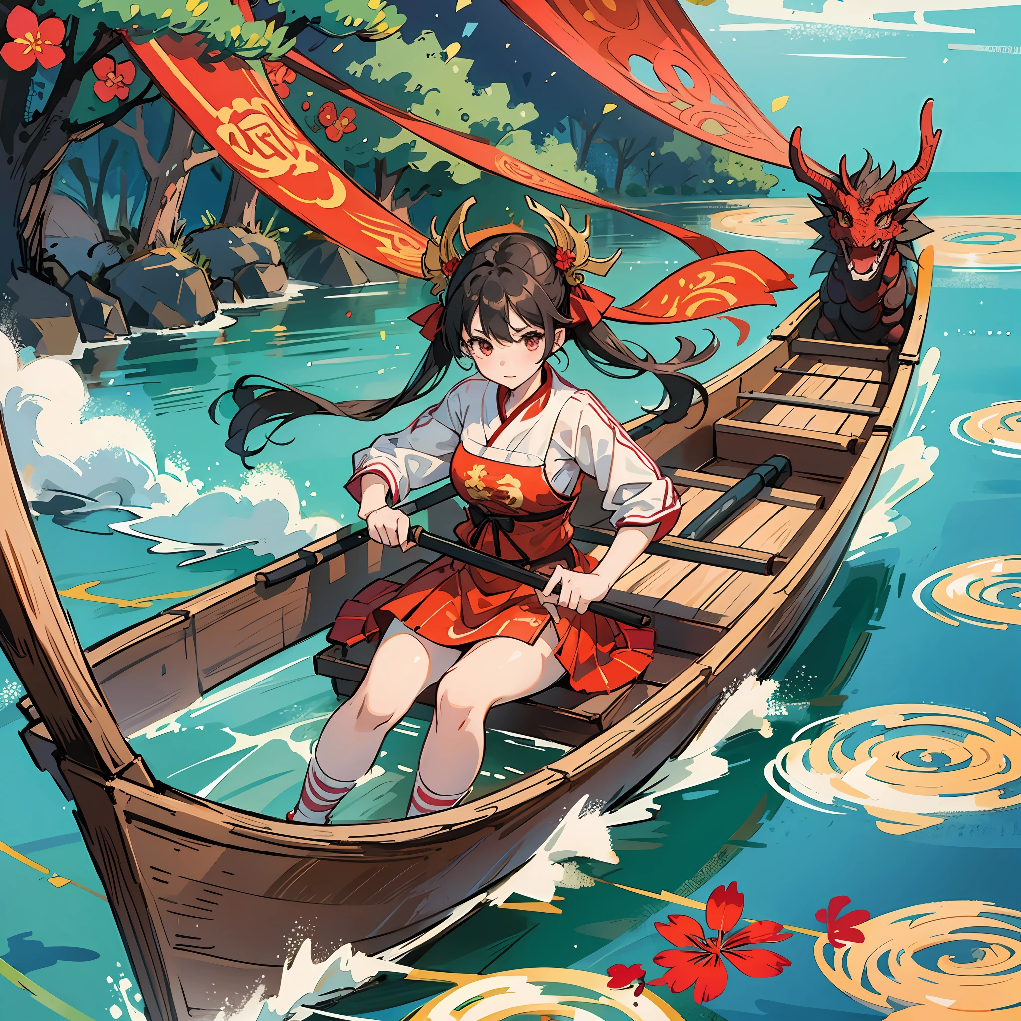 A girl in a red Tang costume is rowing a dragon boat --auto --s2