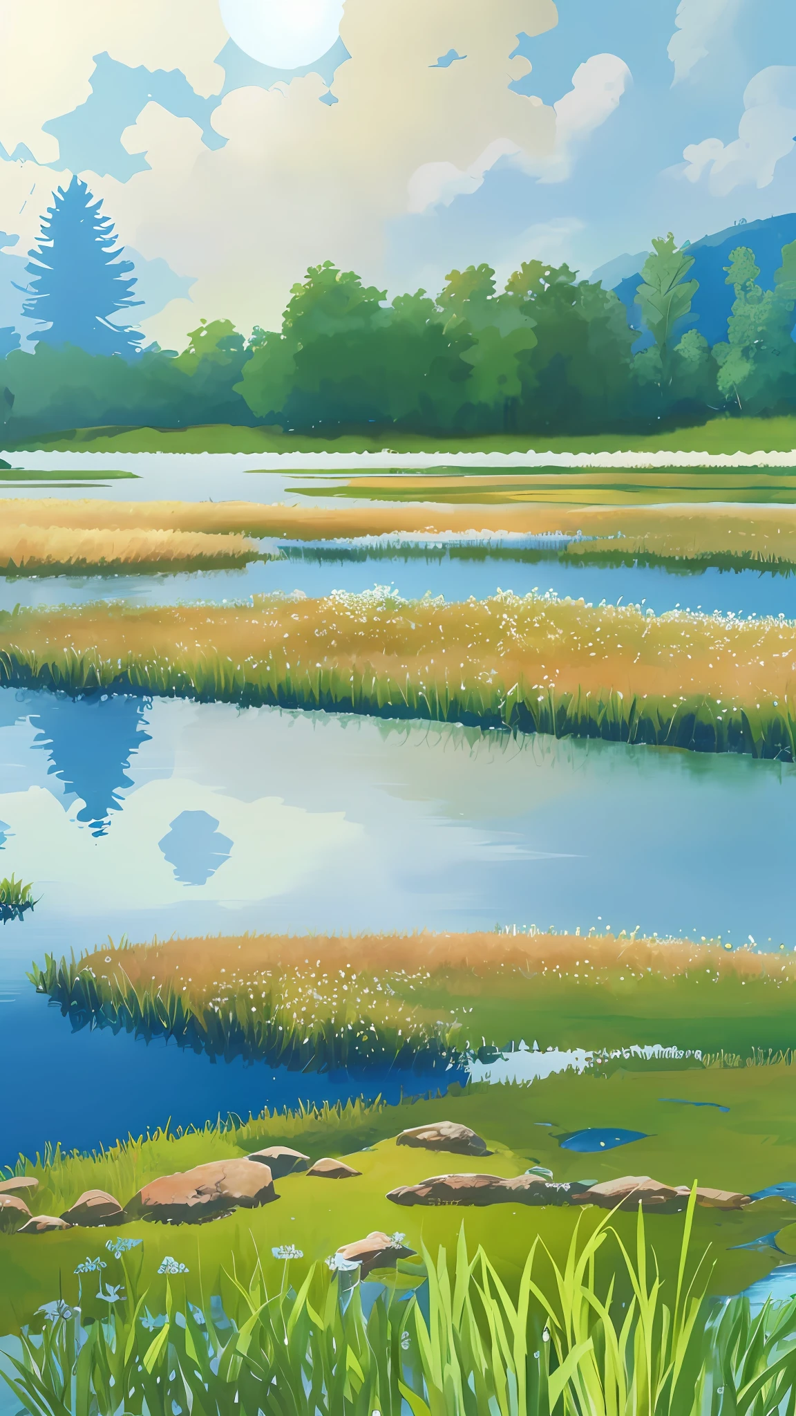 Three-dimensional, under the blue sky, green meadow, river