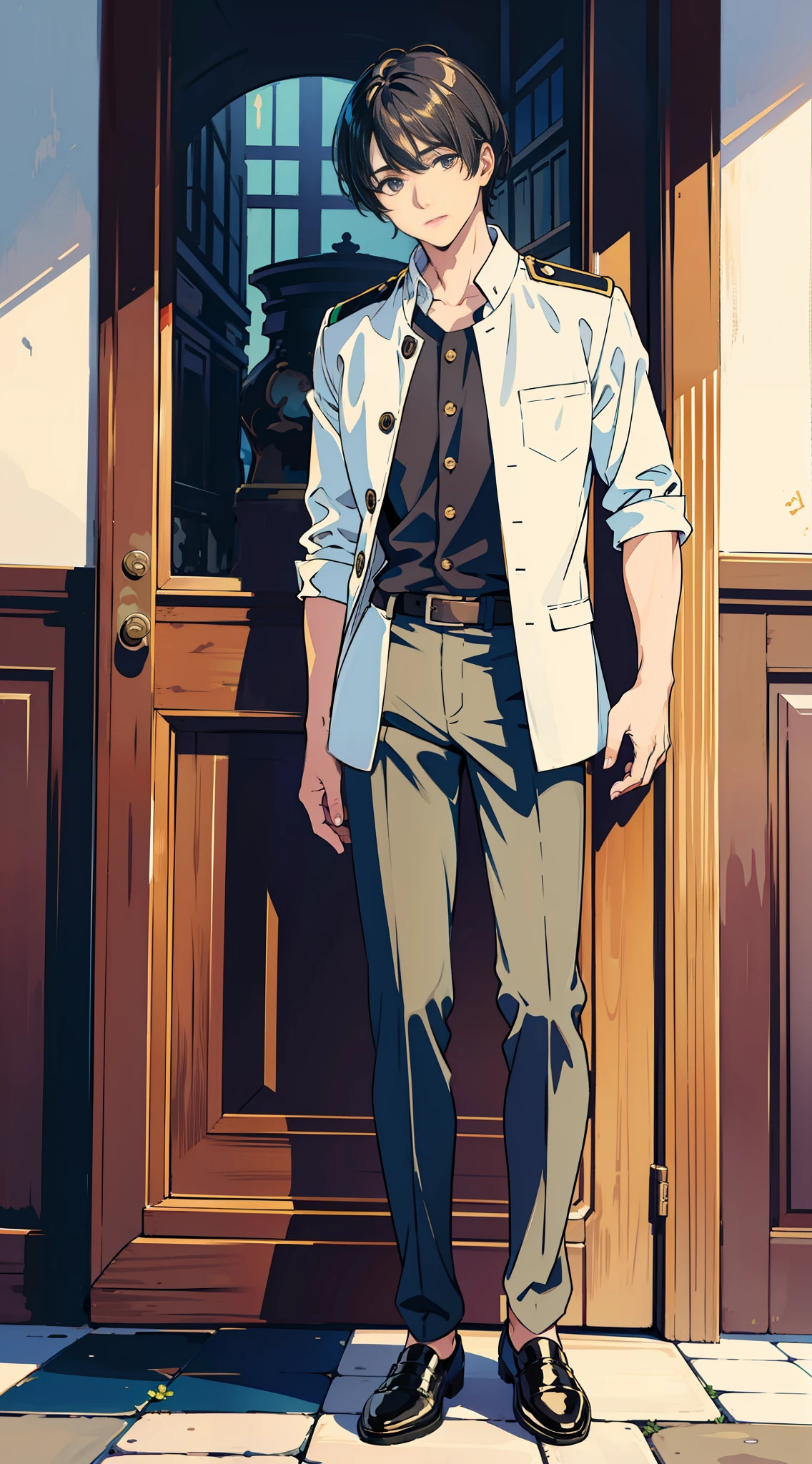 detailed face, masterpiece, top quality, intricate details, 1 boy, summer, uniform, full body, black hair