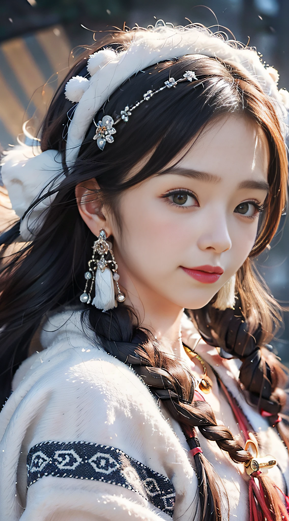 A girl, long braids, Tibetan girl, close-up, slightly raised head, smile, bust photo, upper body, clothes with fluff, white fluff, high-end clothes, cumbersome Tibetan clothing design, cold clothing, winter clothing, appearance Yang transcendence, round face shape, gorgeous Tibetan clothing, cumbersome Tibetan necklace, cumbersome Tibetan headdress, real person CG, sweet style, film style, HD 4K, photography effect, studio effect, white halo, mythical wind, snow field.