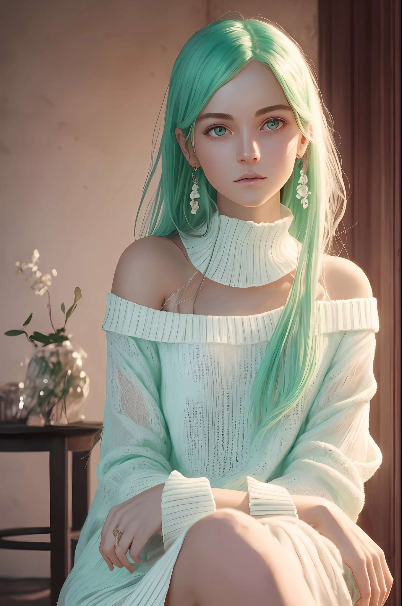 Fantasy. a lady, sitting, ((bare))shoulders, detailed (loose) white sweater, half body portrait, ((looking at away)), stunningly beautiful, mint hair, blush, humble, table, home, hands. highly detailed. Cinematic lighting, --auto --s2