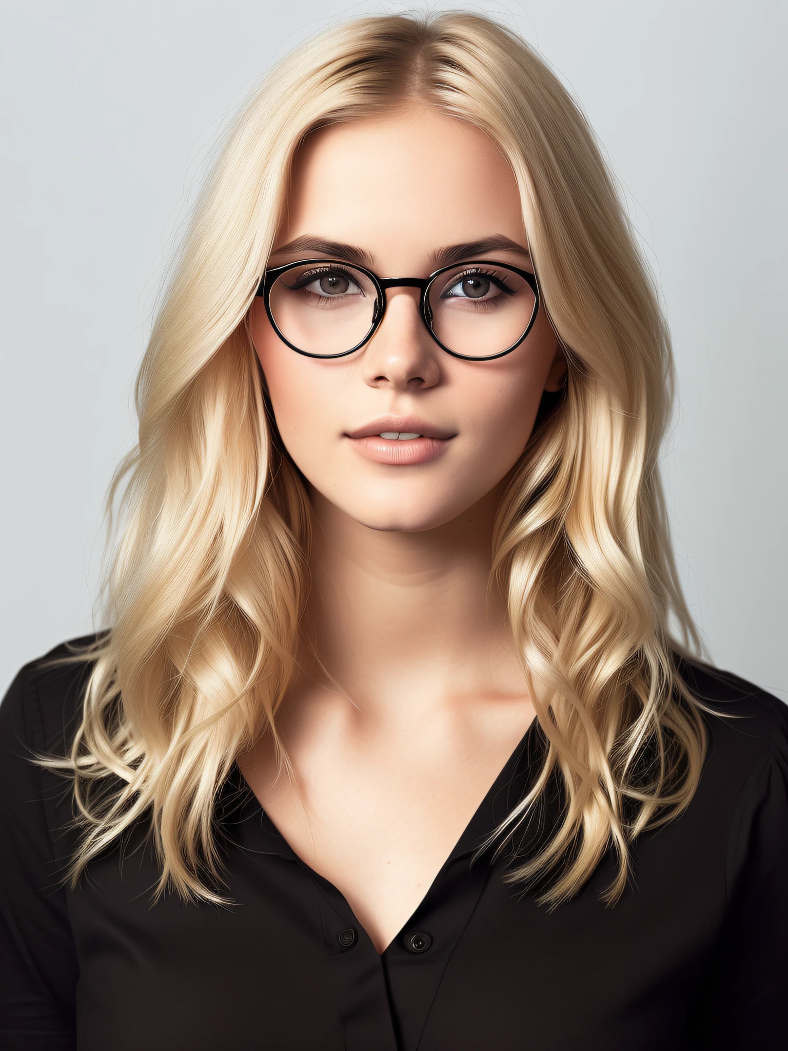 blond woman with glasses and black shirt posing for a picture, girl with glasses, girl wearing round glasses, blonde and attractive features, wearing thin large round glasses, wearing square glasses, glasses frames, wearing round glasses, wearing black rimmed glasses, wearing small round glasses, with glasses, glasses without frames, wearing glasses, wearing black frame glasses, young blonde woman