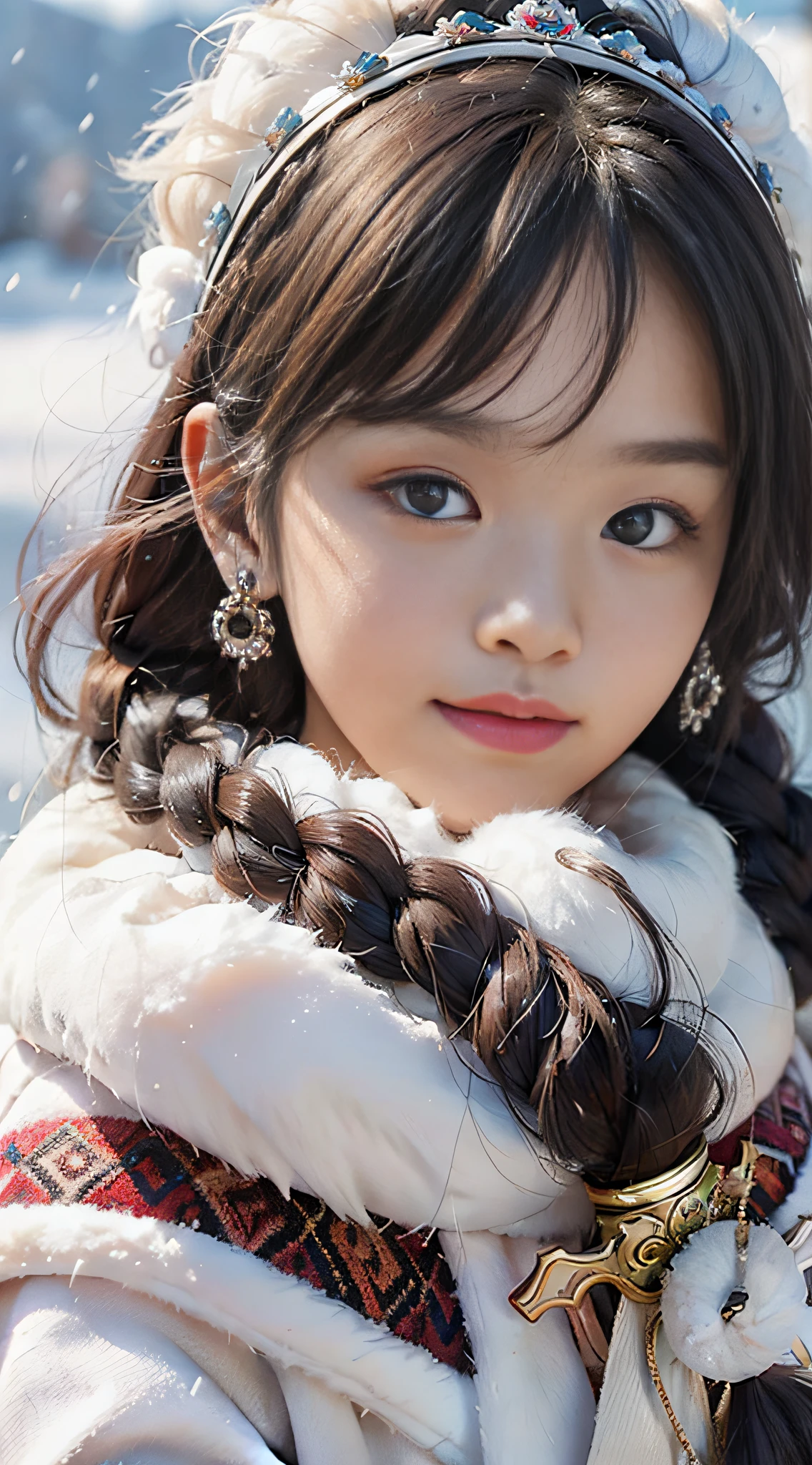 A girl, long braids, Tibetan girl, close-up, slightly raised head, smile, bust photo, upper body, clothes with fluff, white fluff, high-end clothes, cumbersome Tibetan clothing design, cold clothing, winter clothing, appearance Yang transcendence, round face shape, gorgeous Tibetan clothing, cumbersome Tibetan necklace, cumbersome Tibetan headdress, real person CG, sweet style, film style, HD 4K, photography effect, studio effect, white halo, mythical wind, snow field.