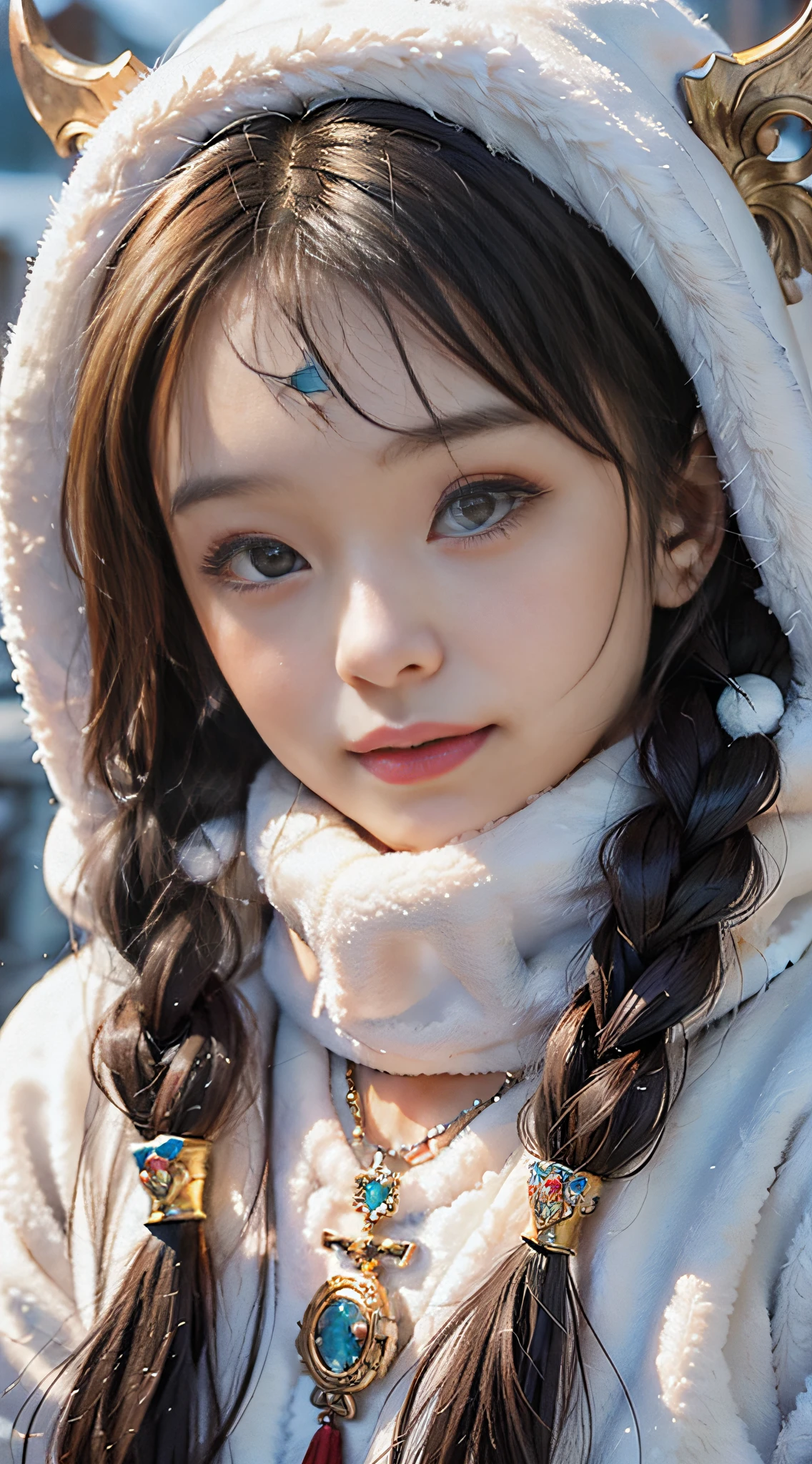 A girl, long braids, Tibetan girl, close-up, slightly raised head, smile, bust photo, upper body, clothes with fluff, white fluff, high-end clothes, cumbersome Tibetan clothing design, cold clothing, winter clothing, appearance Yang transcendence, round face shape, gorgeous Tibetan clothing, cumbersome Tibetan necklace, cumbersome Tibetan headdress, real person CG, sweet style, film style, HD 4K, photography effect, studio effect, white halo, mythical wind, snow field.