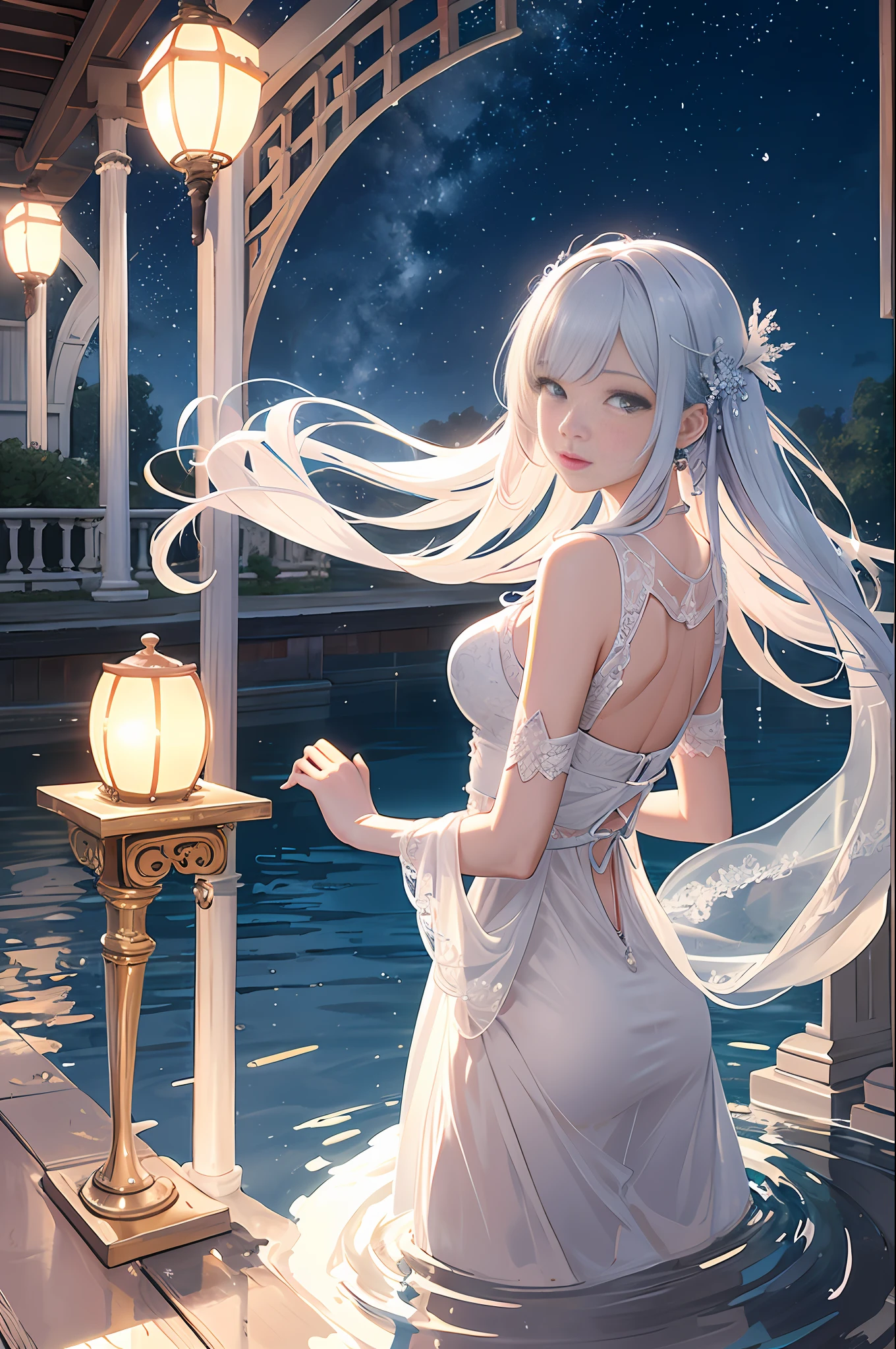 A magic circle floating on the surface of the water, glowing with a pale and fantastic light, and a lady in a dress standing on top of it,She is illuminated by moonlight under a roof facing the outdoors of a majestic and beautiful temple, She has a beautiful face and shining eyes of brilliant colors, She wears beautiful ornaments and japanese gothic dress of intricate and delicate beauty, Detailed drawings, Vivid colors, High image quality,Subsurface scattering, Shine, Iridecent, {{Highest Quality}, {{Ultra Detailed}}, {{Very Delicate and Beautiful}},