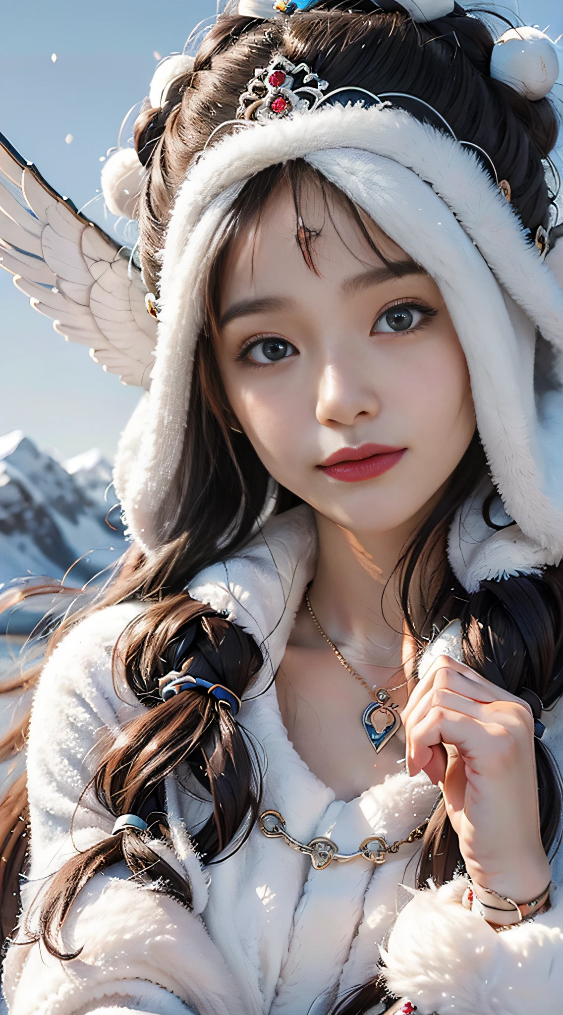 A girl, long braids, Tibetan girl, close-up, slightly raised head, smile, bust photo, upper body, clothes with fluff, white fluff, high-end clothes, cumbersome Tibetan clothing design, cold clothing, winter clothing, appearance Yang transcendence, round face shape, gorgeous Tibetan clothing, cumbersome Tibetan necklace, cumbersome Tibetan headdress, real person CG, sweet style, film style, HD 4K, photography effect, studio effect, white halo, mythical wind, snow field.
