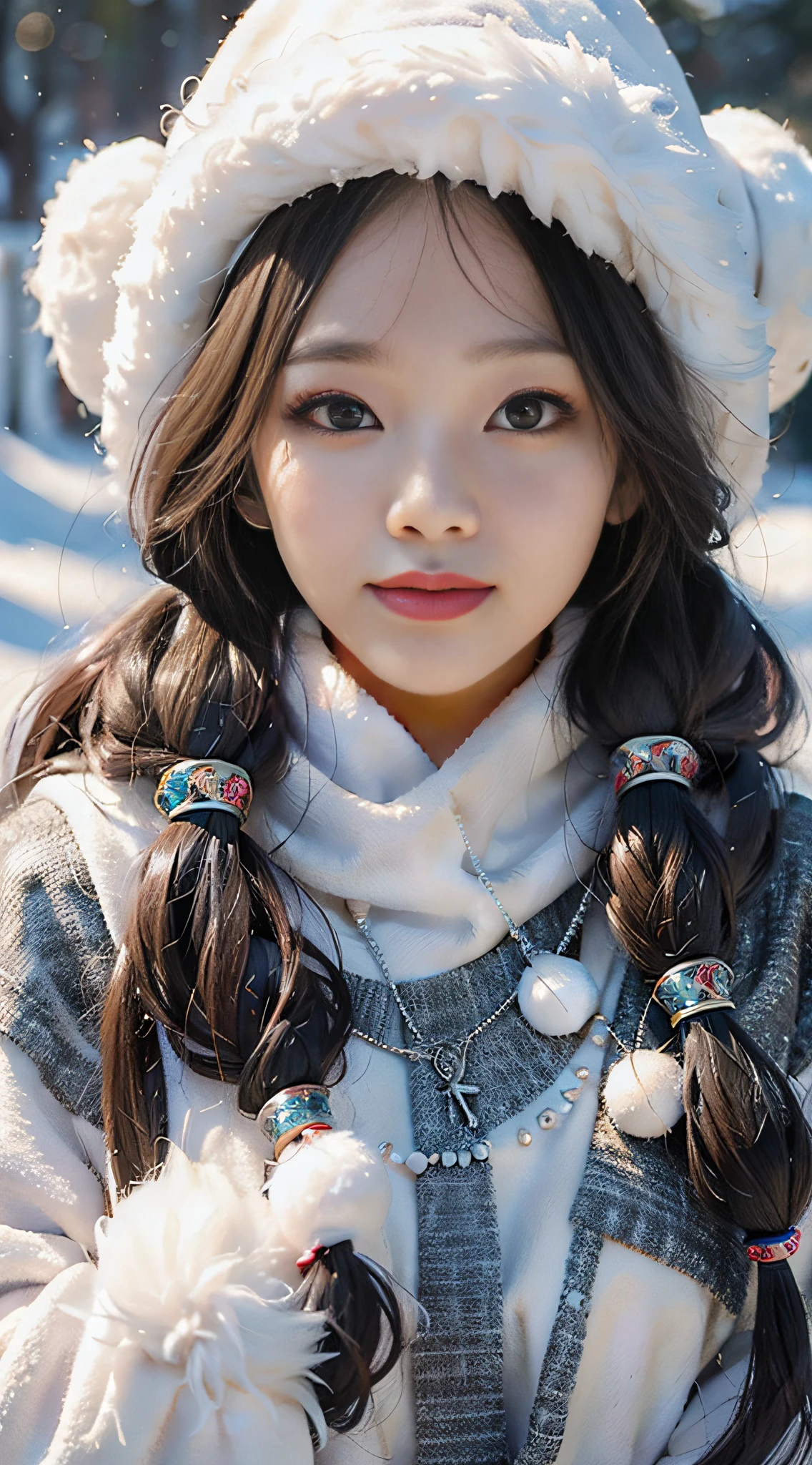 A girl, long braids, Tibetan girl, close-up, slightly raised head, smile, bust photo, upper body, clothes with fluff, white fluff, high-end clothes, cumbersome Tibetan clothing design, cold clothing, winter clothing, appearance Yang transcendence, round face shape, gorgeous Tibetan clothing, cumbersome Tibetan necklace, cumbersome Tibetan headdress, real person CG, sweet style, film style, HD 4K, photography effect, studio effect, white halo, mythical wind, snow field.