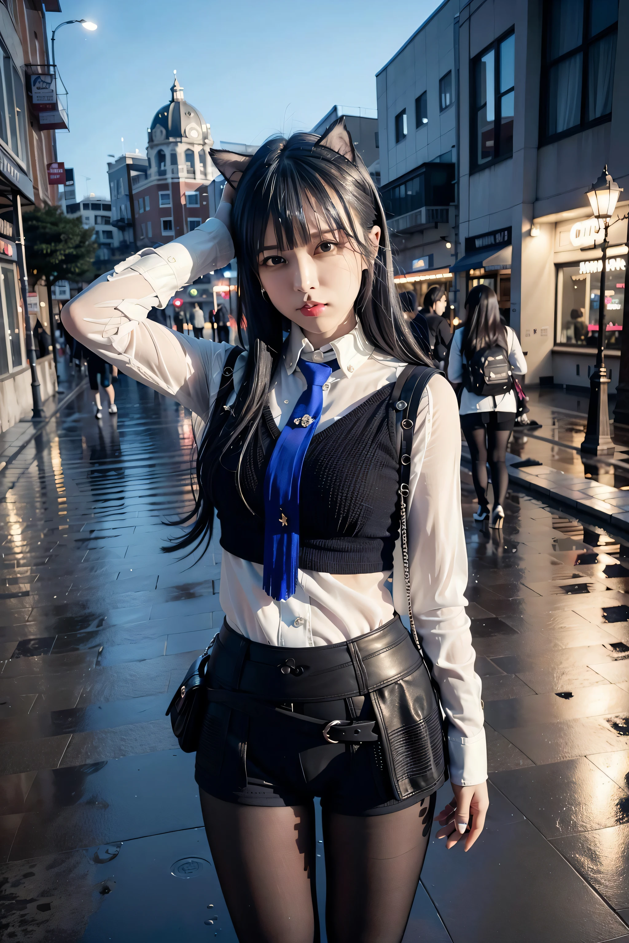 (8k, RAW photo, best quality, masterpiece:1.2), (realistic, photo-realistic:1.37),omertosa,1girl,(Kpop idol), (aegyo sal:1),cute,cityscape, night, rain, wet, professional lighting, photon mapping, radiosity, physically-based rendering, Black pantyhose