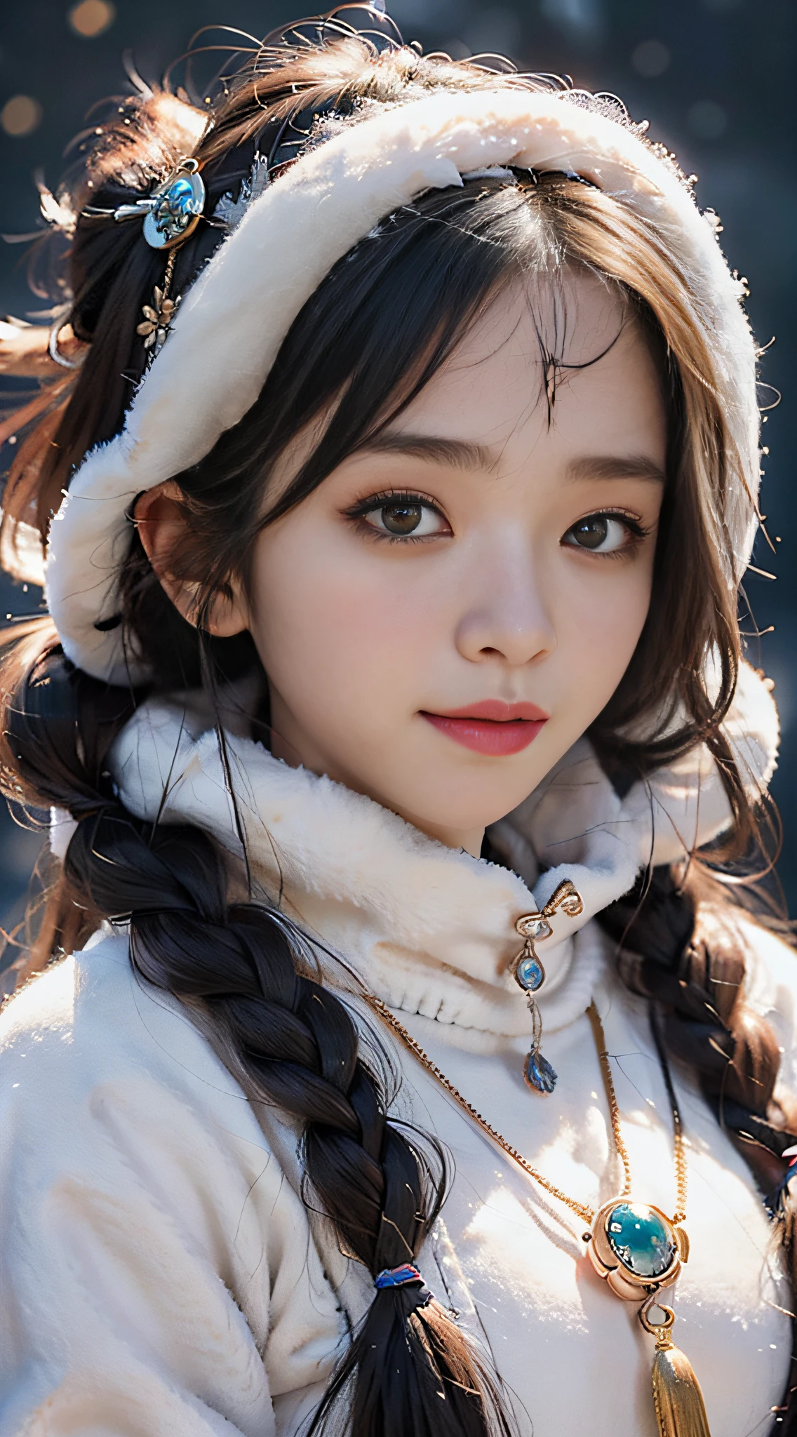 A girl, long braids, Tibetan girl, close-up, slightly raised head, smile, bust photo, upper body, clothes with fluff, white fluff, high-end clothes, cumbersome Tibetan clothing design, cold clothing, winter clothing, appearance Yang transcendence, round face shape, gorgeous Tibetan clothing, cumbersome Tibetan necklace, cumbersome Tibetan headdress, real person CG, sweet style, film style, HD 4K, photography effect, studio effect, white halo, mythical wind, snow field.