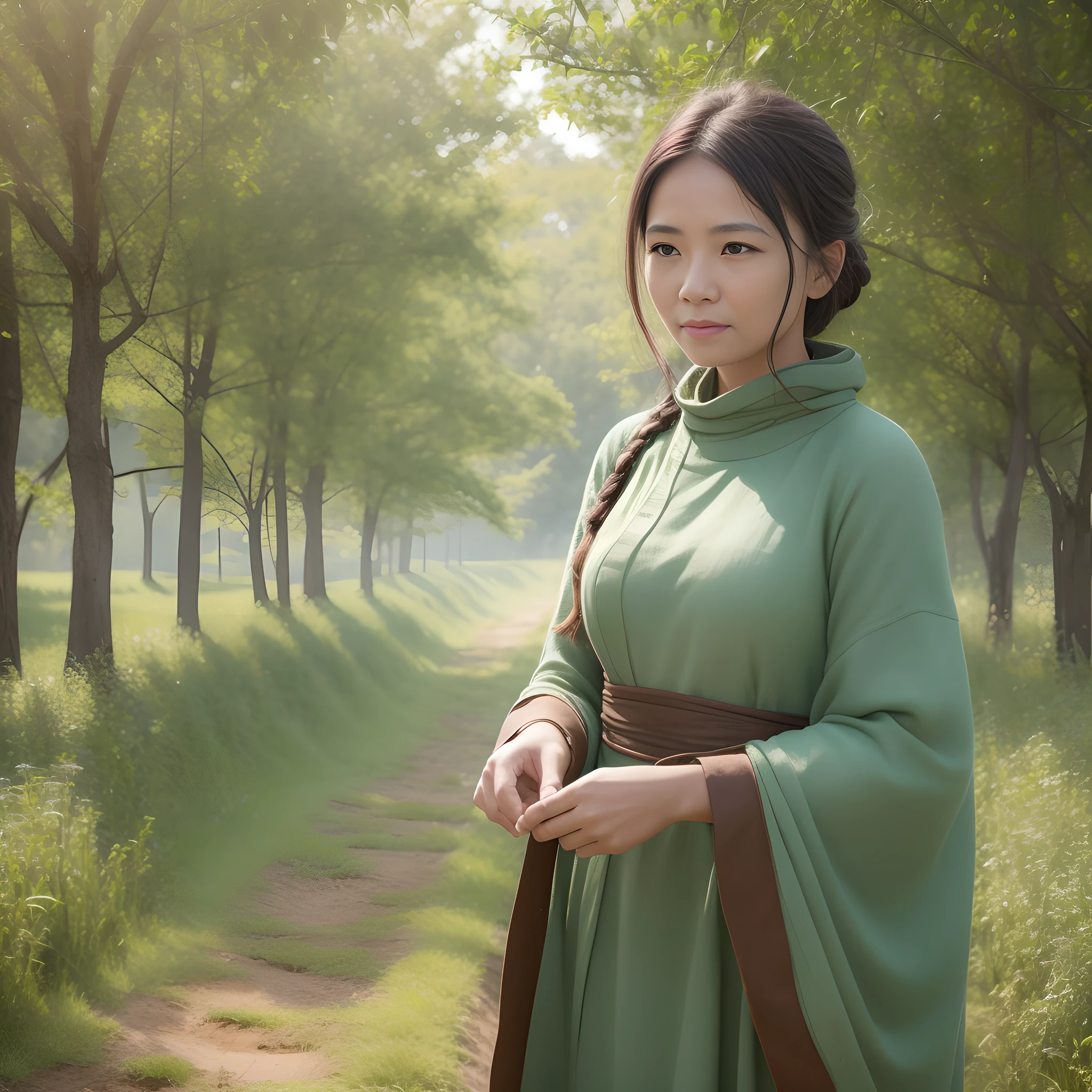 1 woman, Under the rising sun, in the serene countryside, a diligent individual cultivates the land. With weathered hands and focused determination, they till the fertile soil, guided by a deep connection to nature, in 32K UHD, photorealistic style