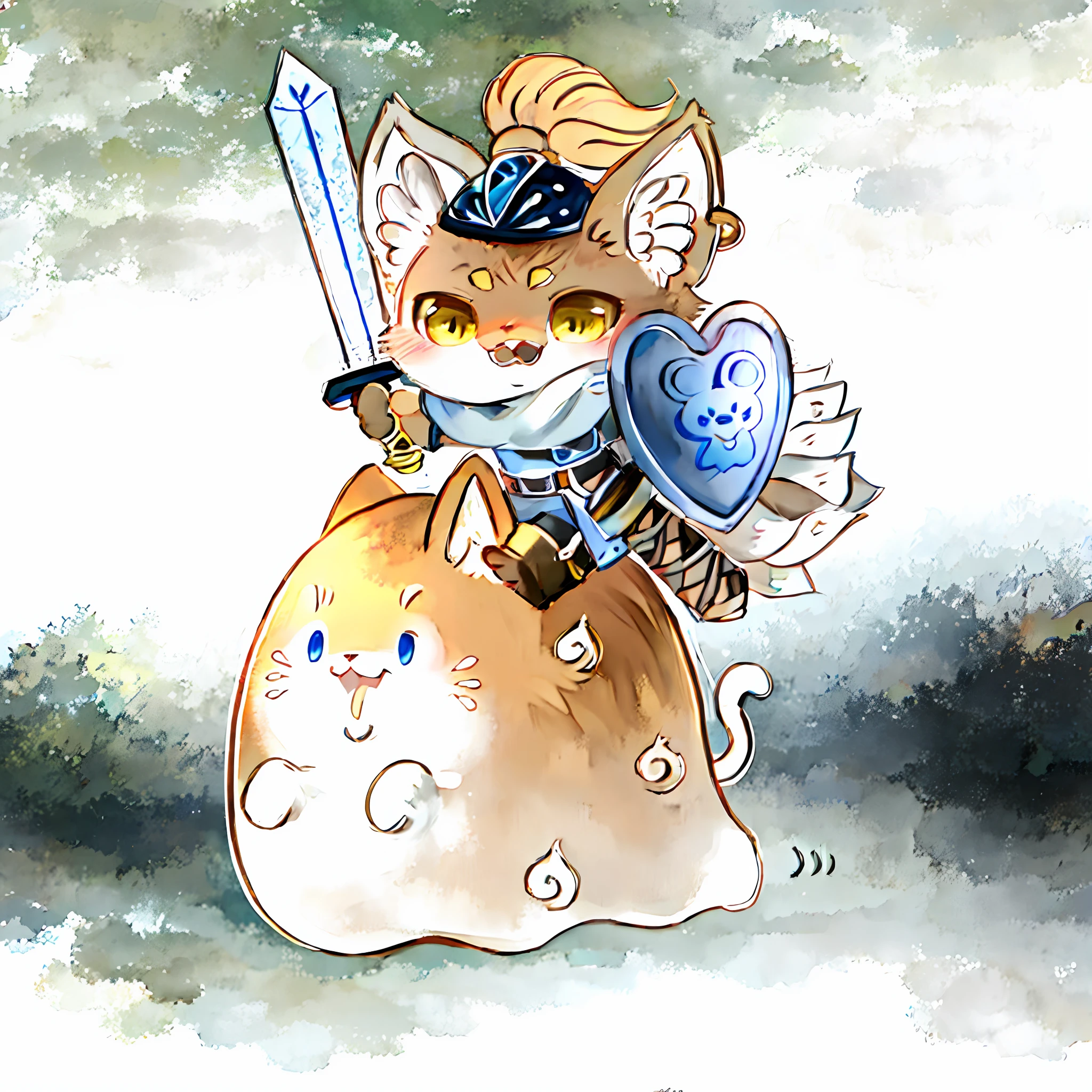 Draw cartoon cat with sword and shield on cat type slime, armored cat, cat warrior, Sora as a cat, wearing golden cat armor, armored cat companion, cat with lute, golden cat armor knight, anthropomorphic cat, anthropomorphic female cat, white cat in pink dress, fox in League of Legends chibi, watercolor style, forest background, Akira Toriyama style