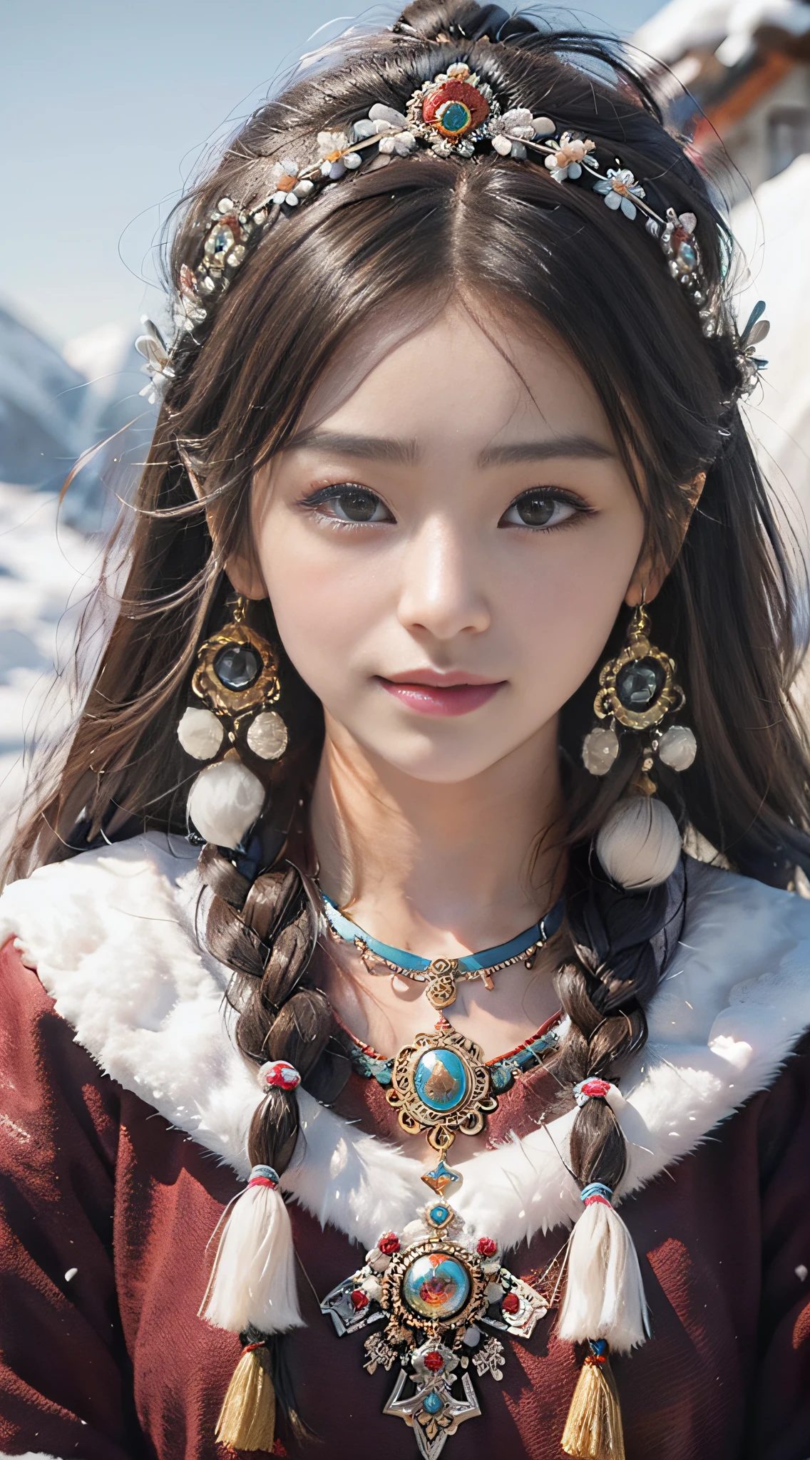 A girl, long braids, Tibetan girl, close-up, slightly raised head, smile, bust photo, upper body, Tibetan clothing, clothes with fluff, white flut, high-end Tibetan clothing, cumbersome Tibetan clothing design, cold clothing, winter clothing, appearance Yang transcendence, round face shape, gorgeous Tibetan clothing, cumbersome Tibetan necklace, cumbersome Tibetan headdress, live-action CG, sweet style, film style, HD 4K, photography effects, studio effects, white halo, mythological wind, snowfield background, character core, Picture ratio 16:9,