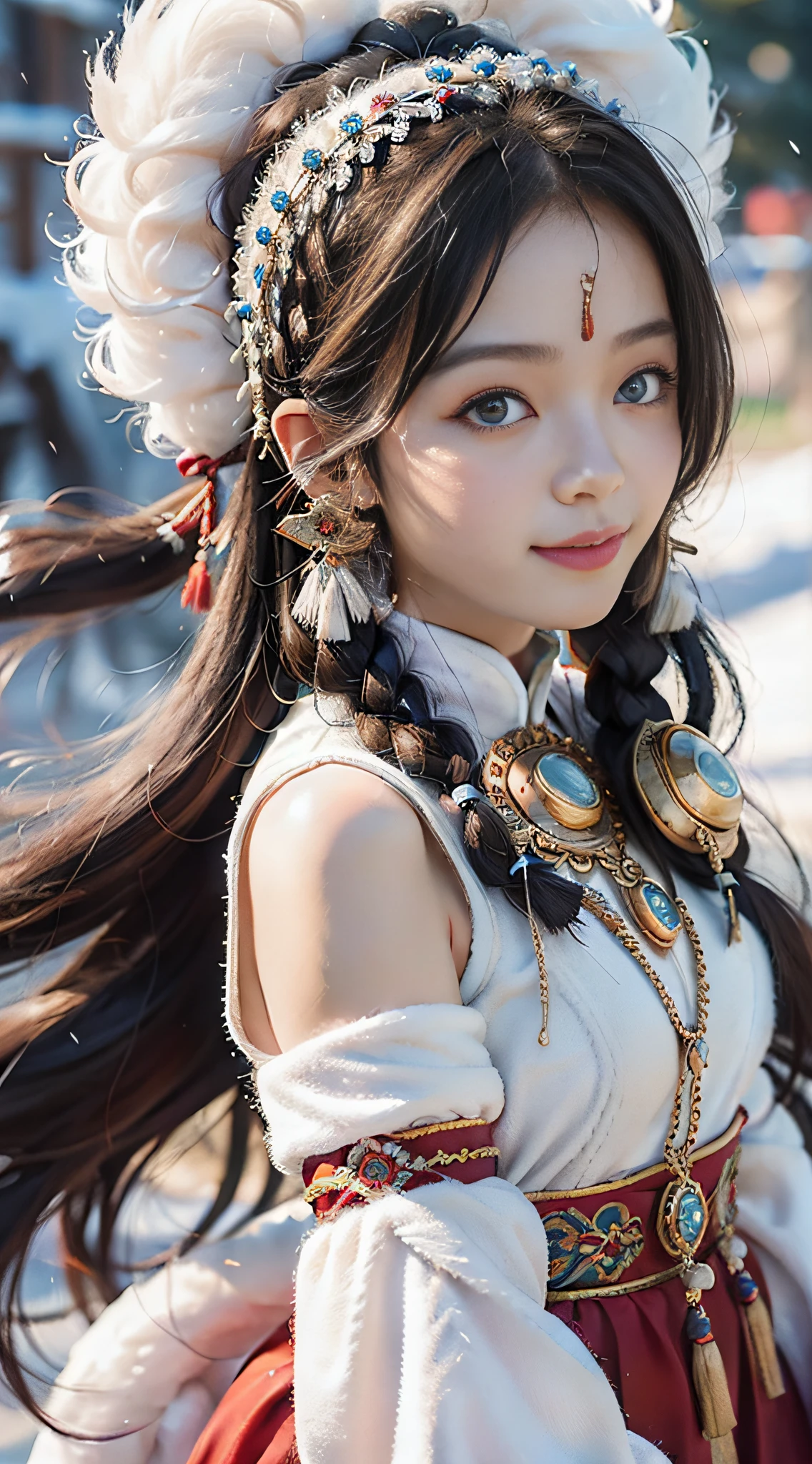 A girl, long braids, Tibetan girl, close-up, slightly raised head, smile, bust photo, upper body, Tibetan clothing, clothes with fluff, white flut, high-end Tibetan clothing, cumbersome Tibetan clothing design, cold clothing, winter clothing, appearance Yang transcendence, round face shape, gorgeous Tibetan clothing, cumbersome Tibetan necklace, cumbersome Tibetan headdress, live-action CG, sweet style, film style, HD 4K, photography effects, studio effects, white halo, mythological wind, snowfield background, character core, Picture ratio 16:9,